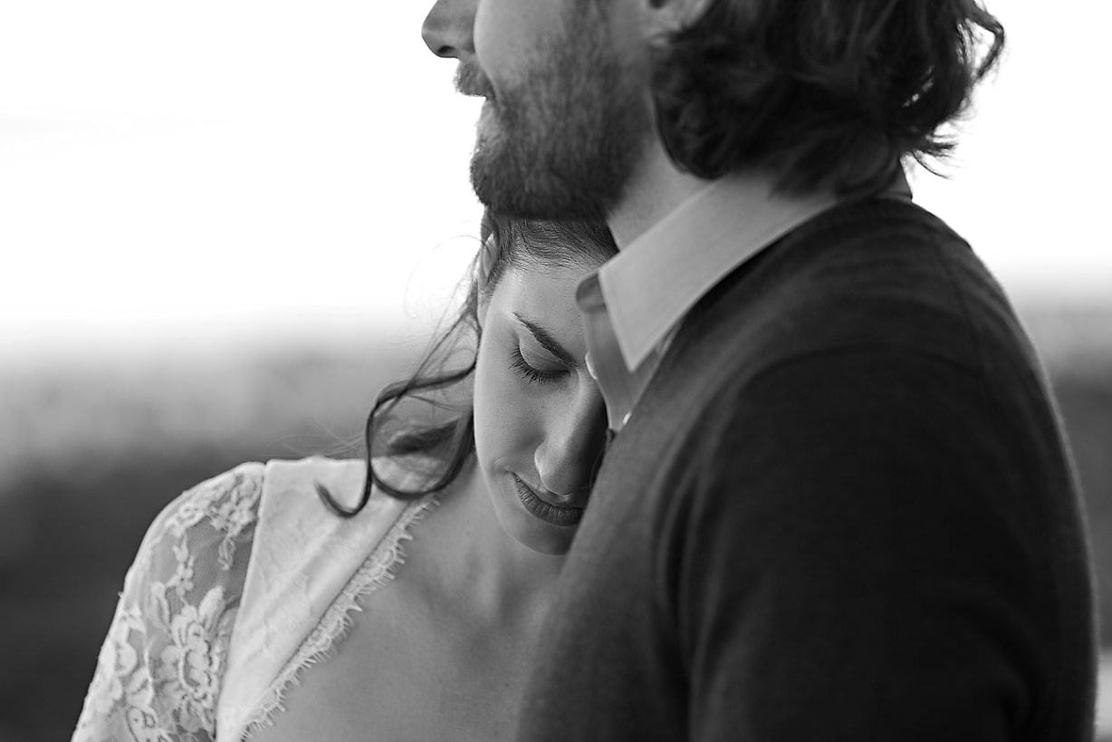 intimate portrait of bride and groom together at Lincolnville, Maine wedding