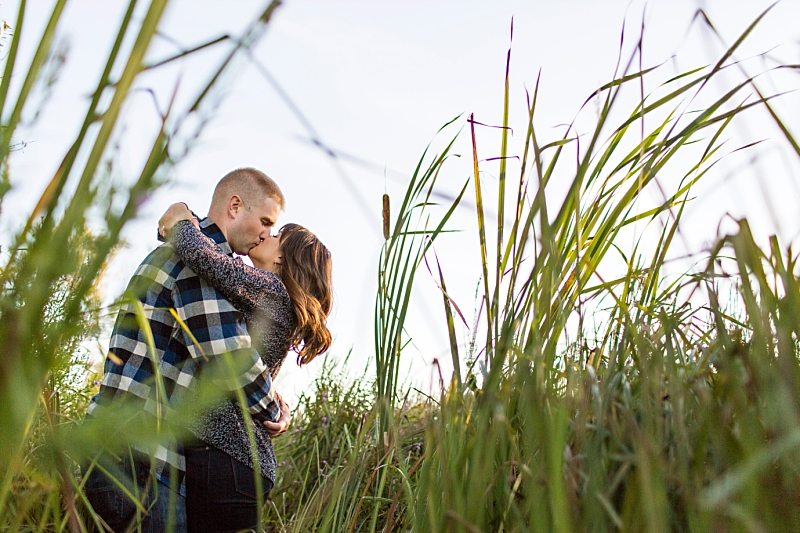 A portrait of a couple kissing, photographed through blades of grass.