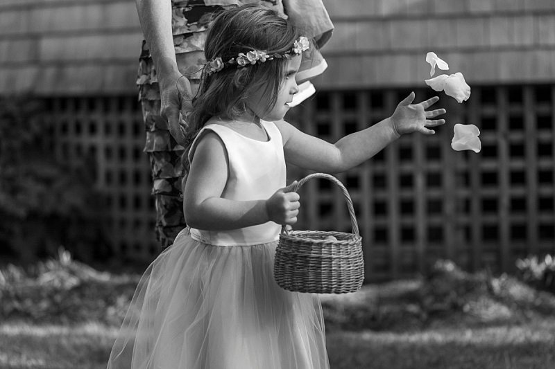 A flower girl focuses hard as she throws rose petals into the air.