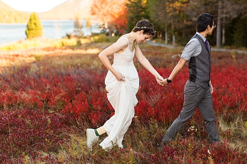 A bride and groom walk through colorful plants at Jordan Pond in Acadia National Park.