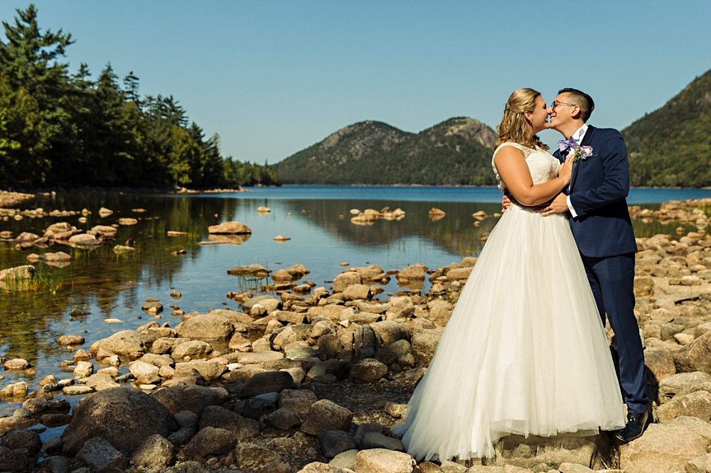 bride and groom at Jordan Pond in Acadia National Park