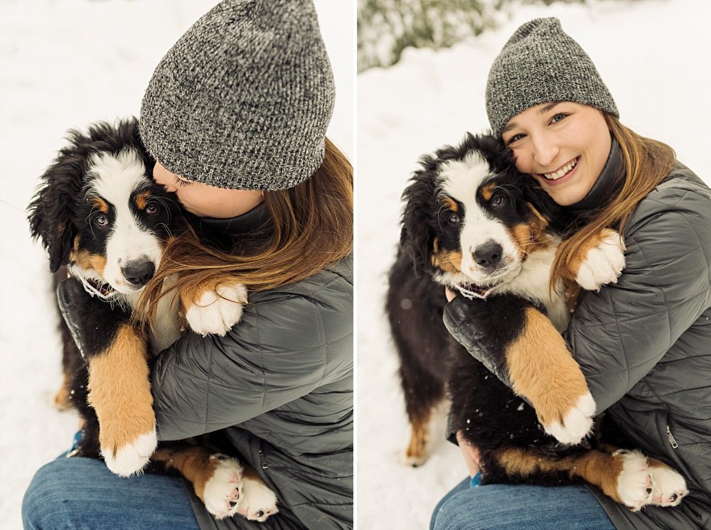 Maine winter portraits with bernese mountain dog puppy