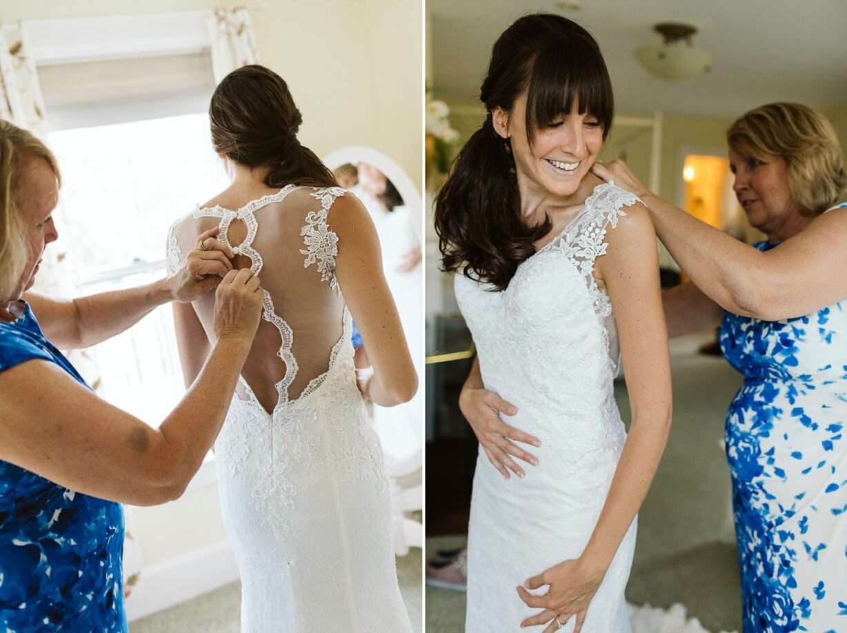 Bride's mother zips her into her wedding dress during Bar Harbor wedding