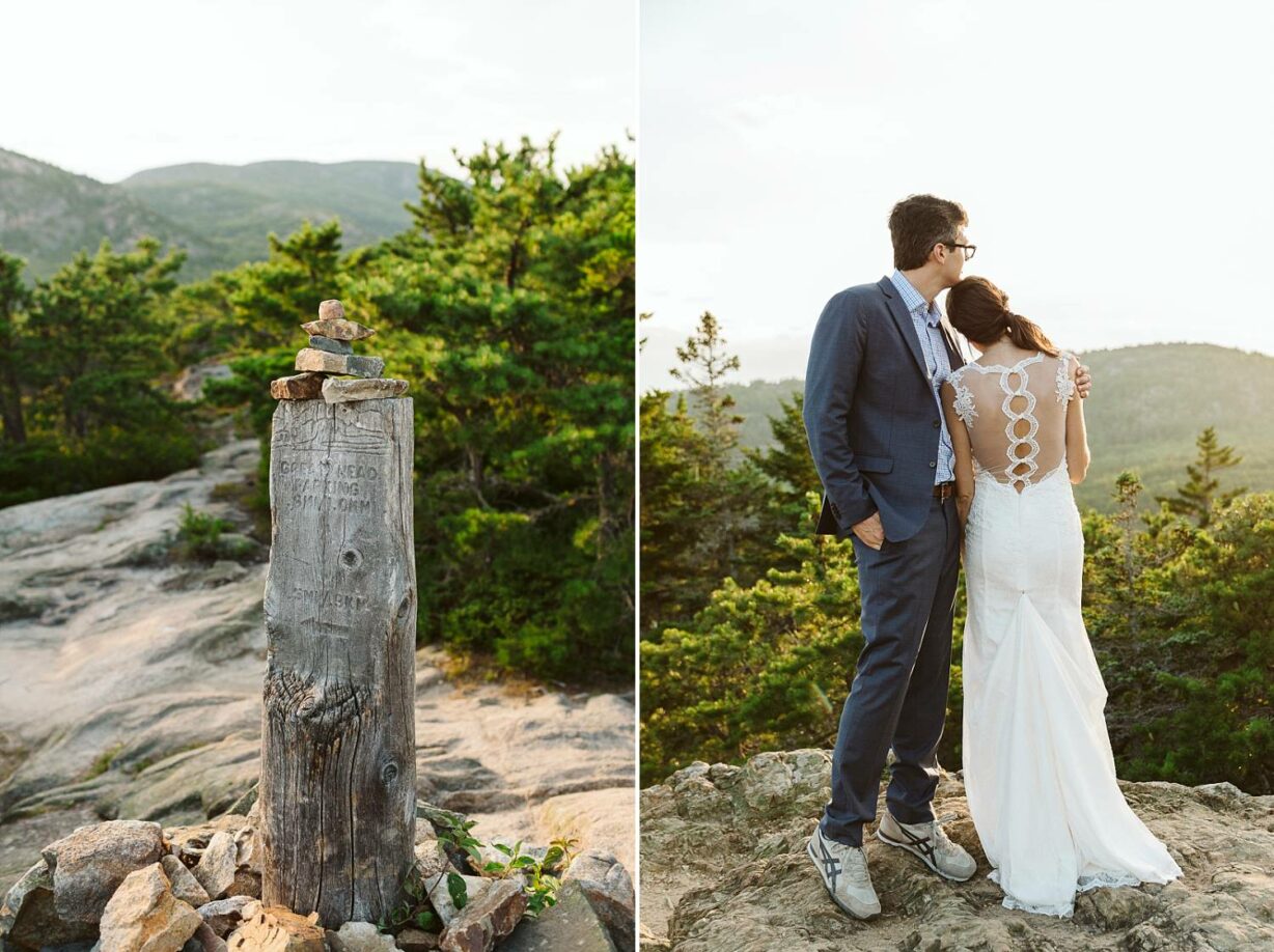 Bride and groom hiking Great Head trail after Sand Beach Acadia elopement