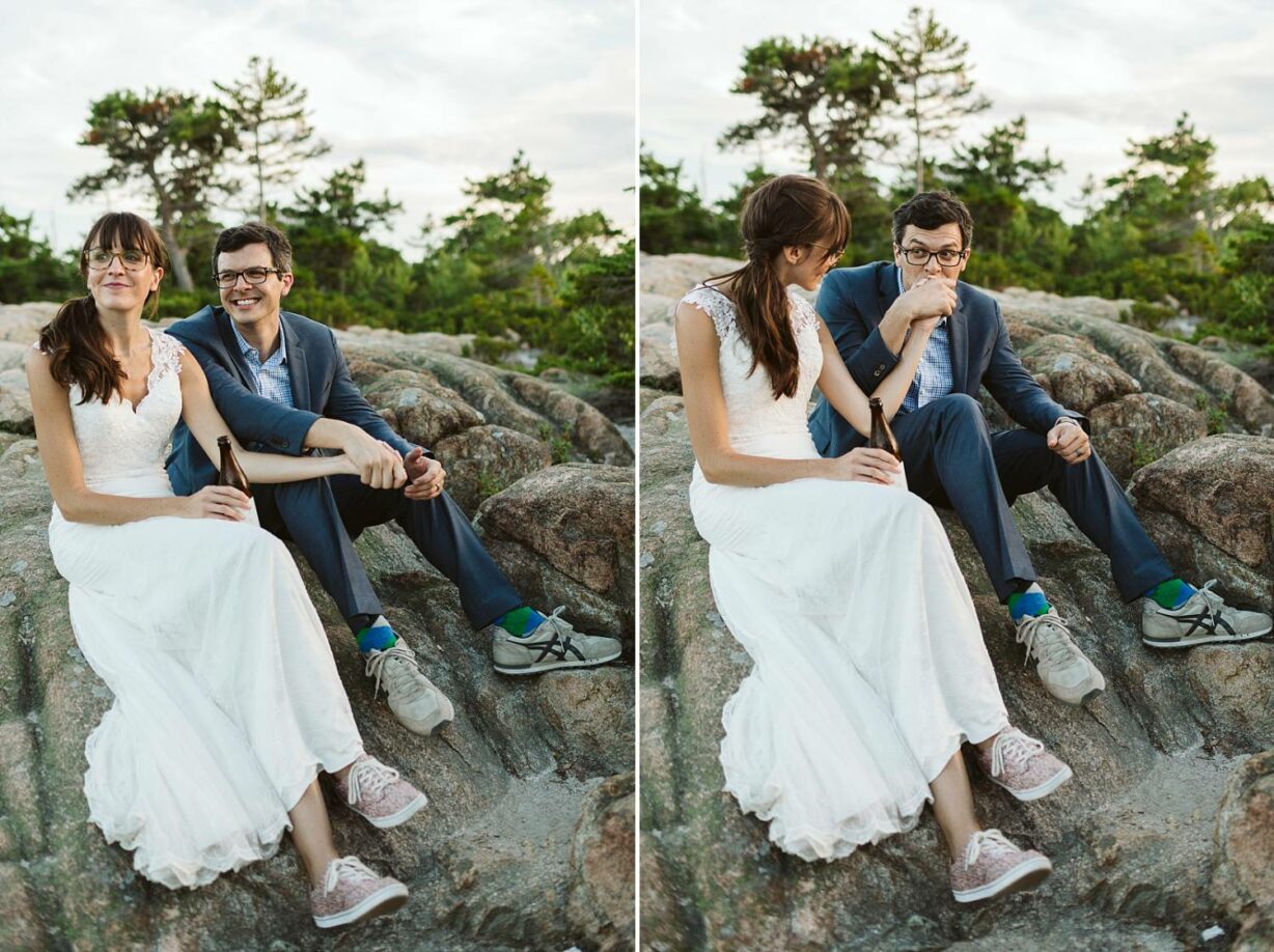 Bride and groom share a beer after hiking during their Sand Beach Acadia elopement