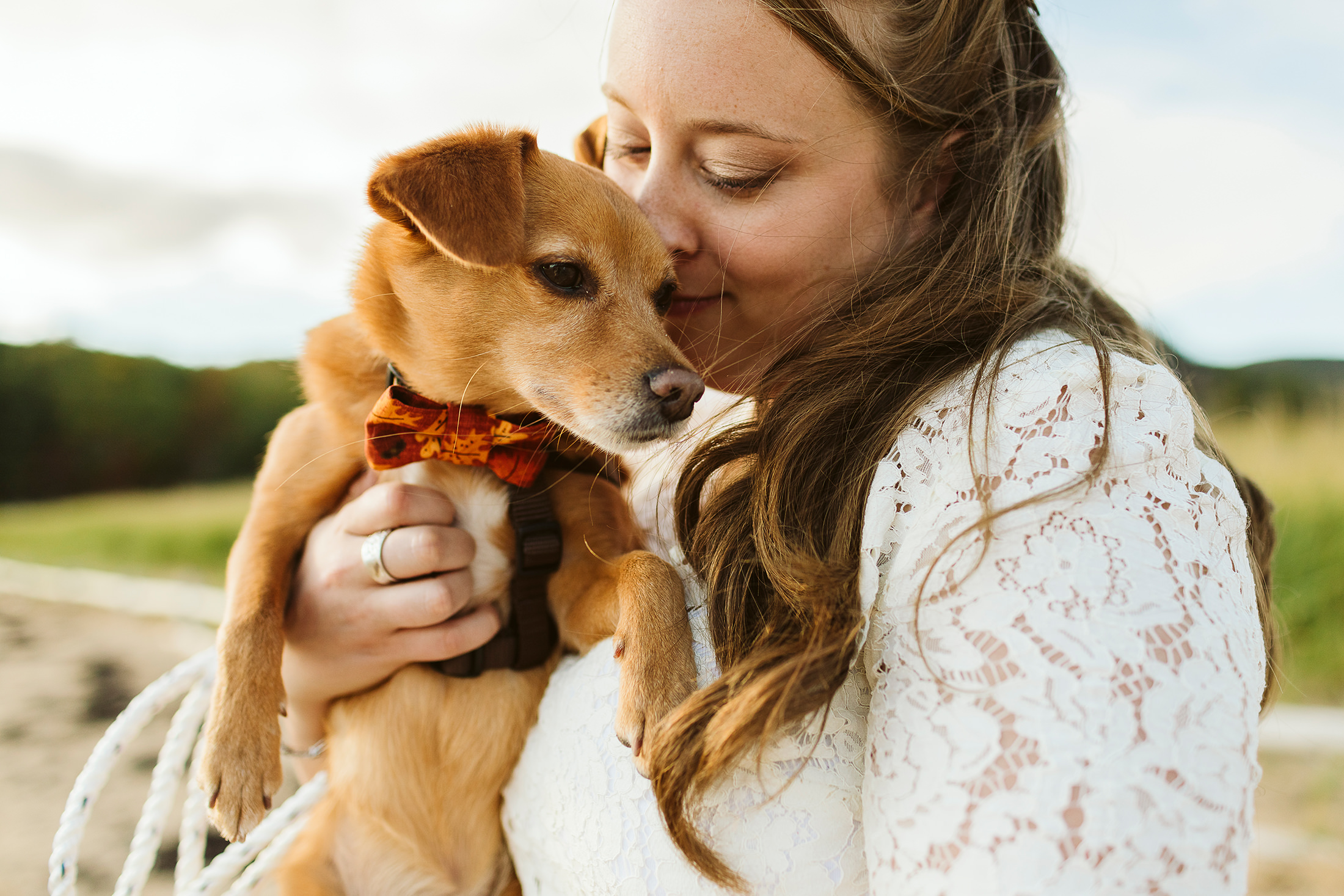 bride cuddling her dog during elopement in Acadia National Park