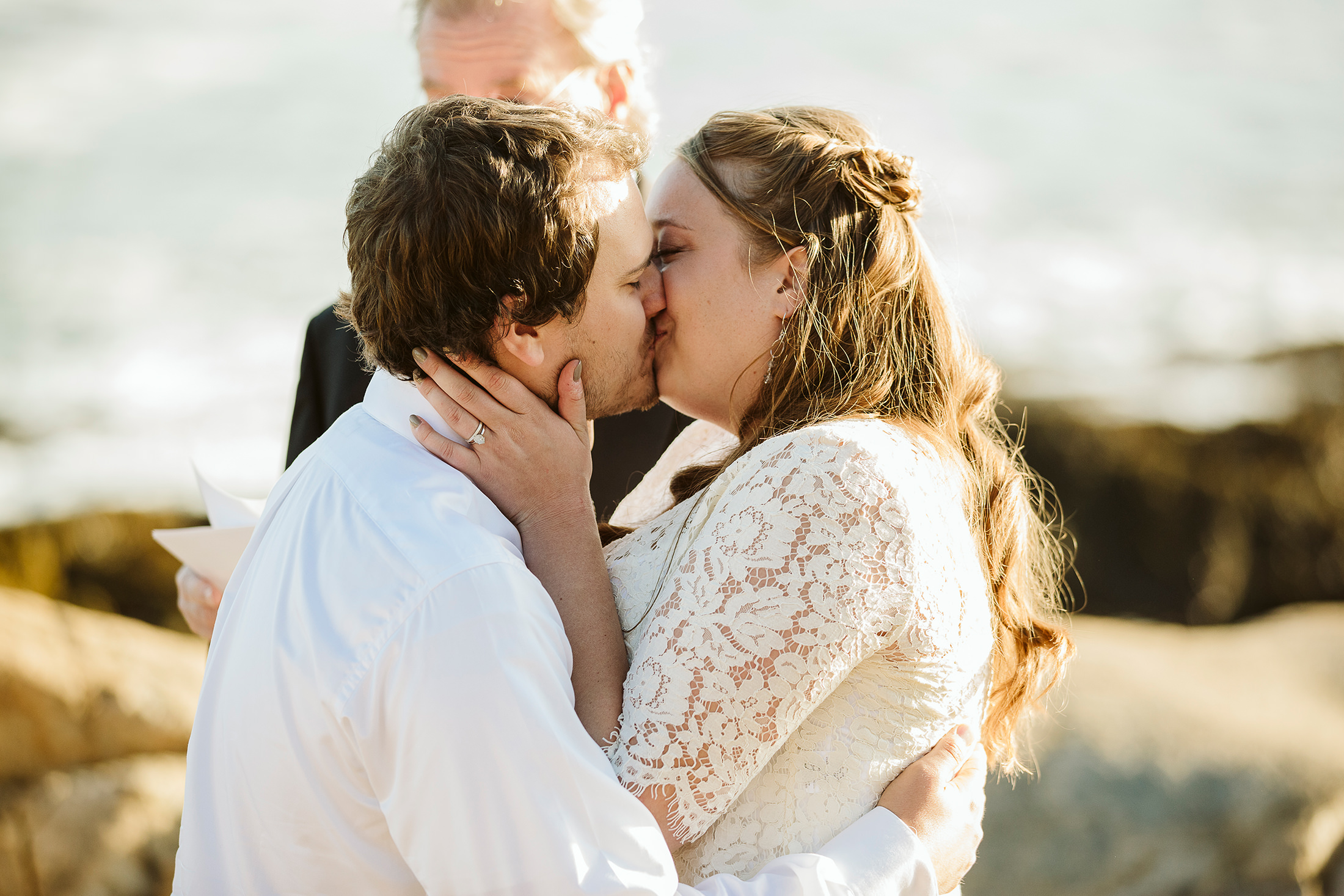 first kiss during elopement in Acadia National Park