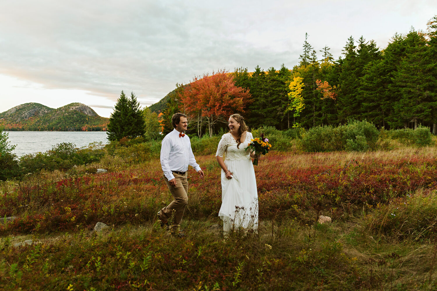 bride and groom at Jordan Pond during Acadia elopement