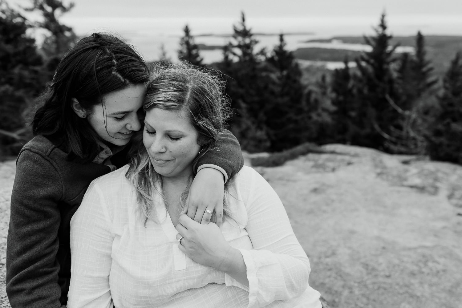 Same-sex Beech Mountain Acadia National Park engagement photo