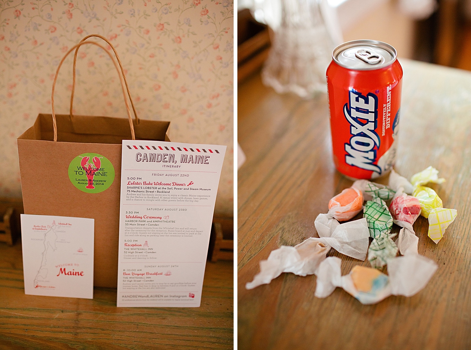 can of Moxie in welcome bag at Camden Maine wedding at the Whitehall Inn