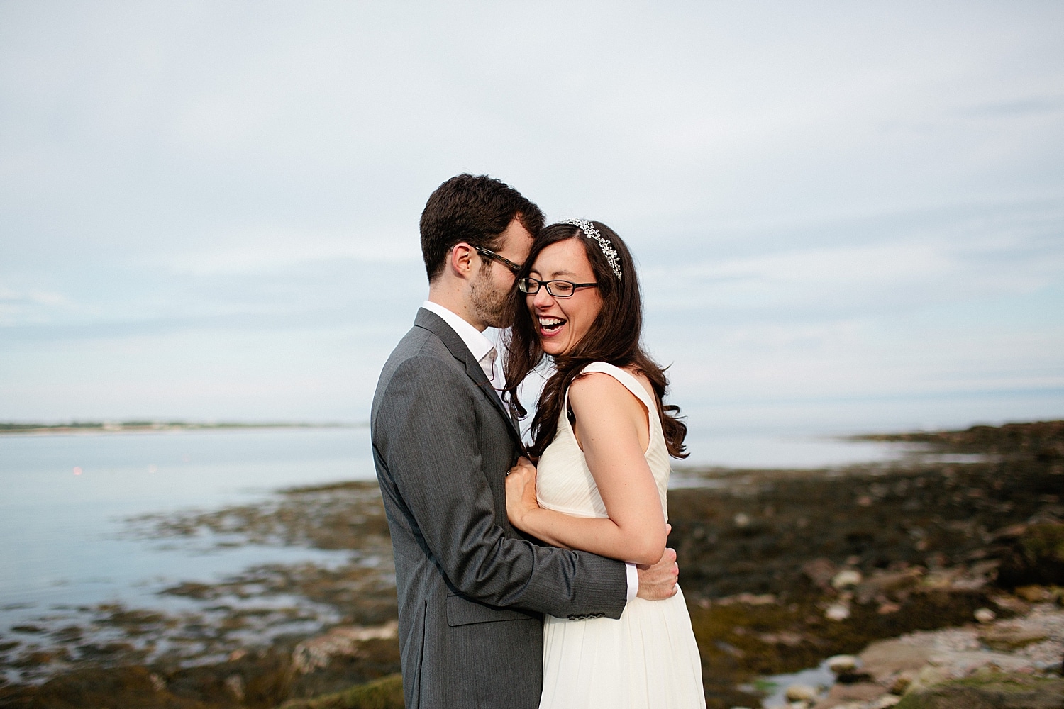 Bride and groom laughing at Prospect Harbor Maine wedding