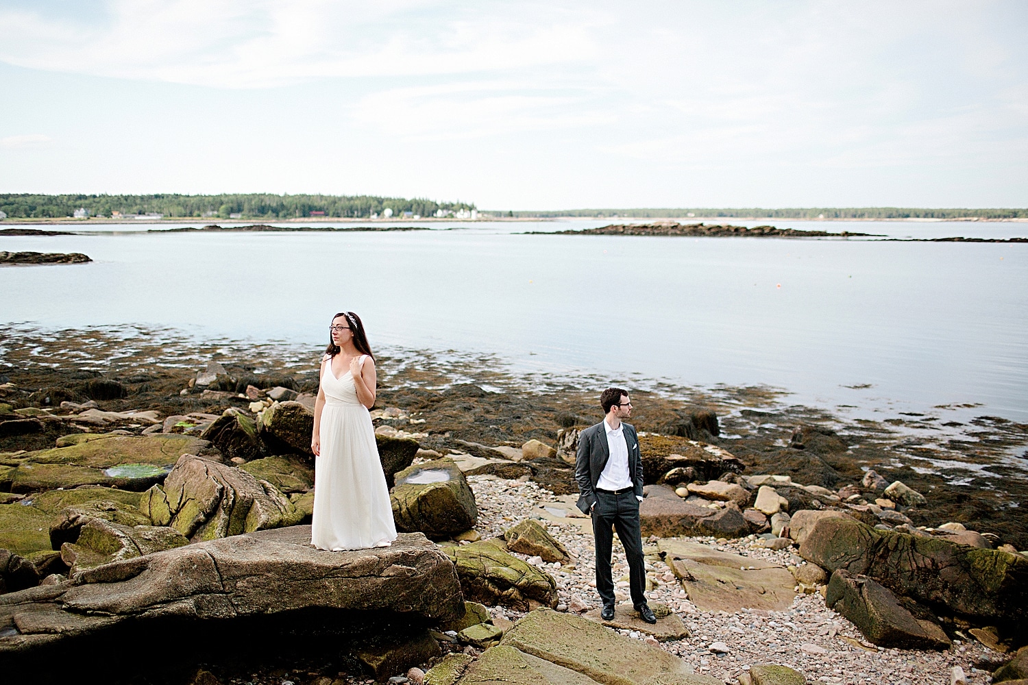 Wedding portrait on cliffs at Prospect Harbor Maine wedding