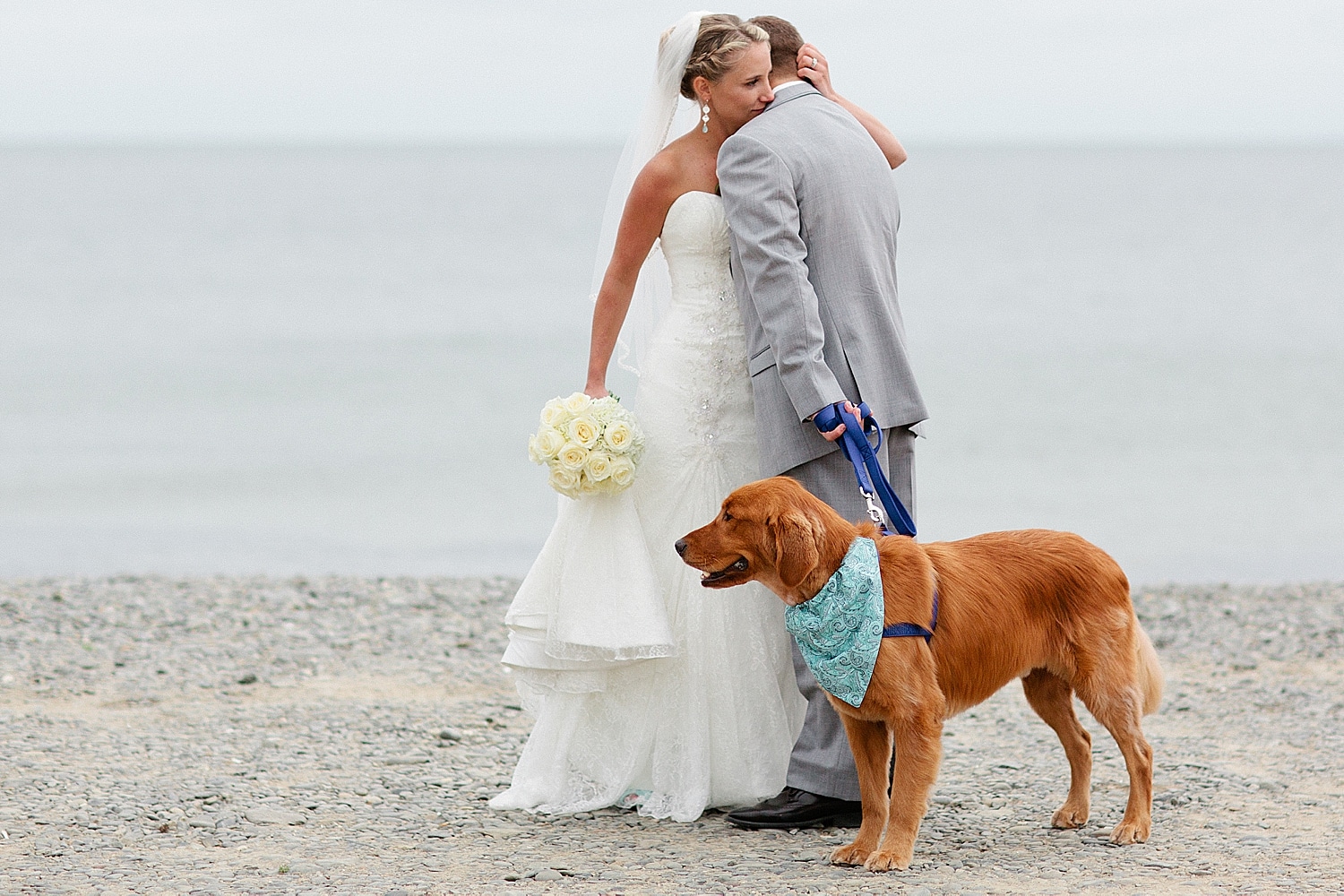 Bride and groom with dog at wedding at the Colony Hotel in Kennebunkport, Maine