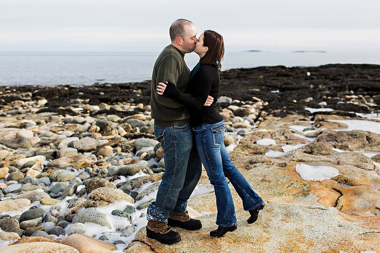 Portraits at the Seawall during winter engagement photos in Acadia National Park