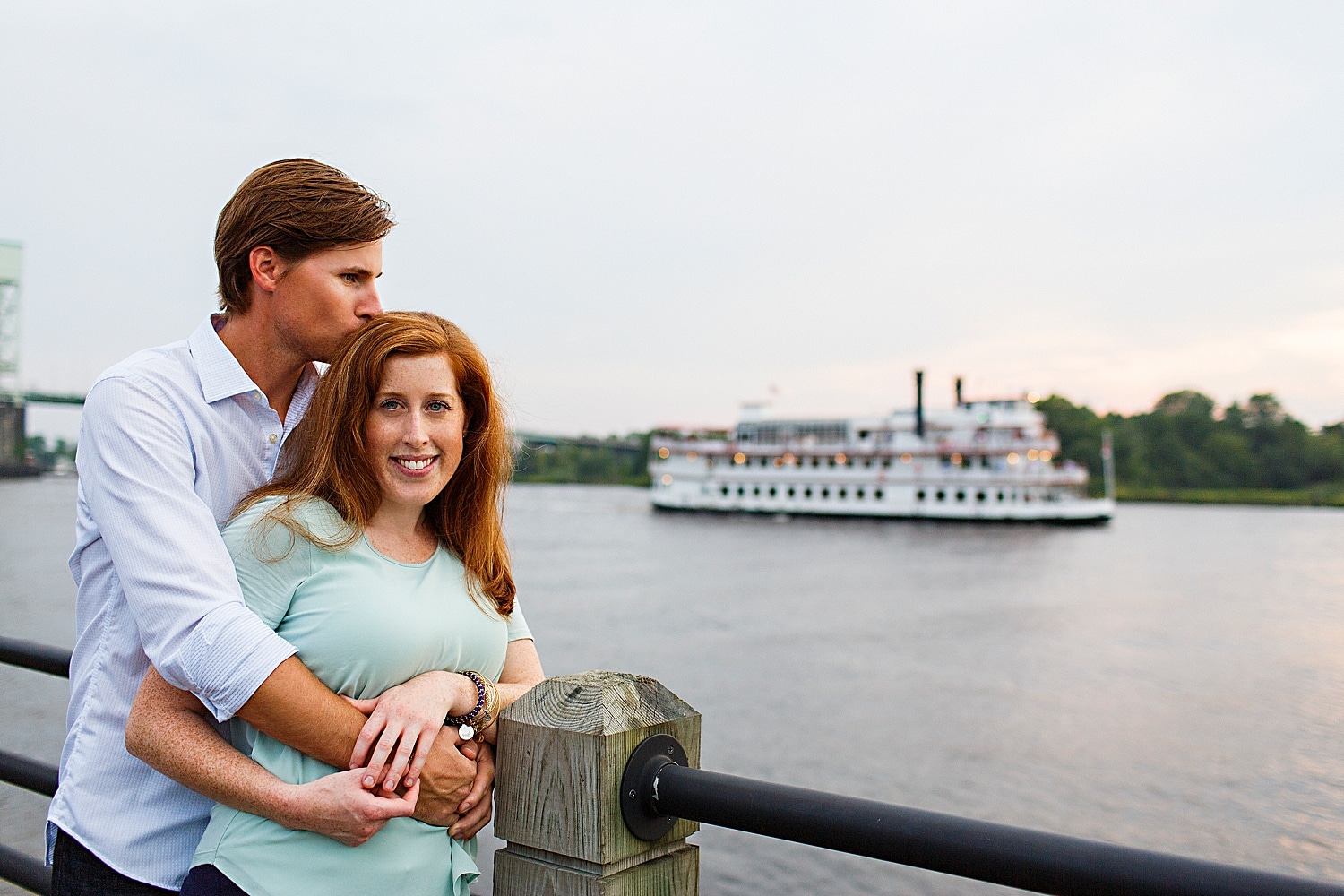 couples portraits in Wilmington North Carolina in front of ferry