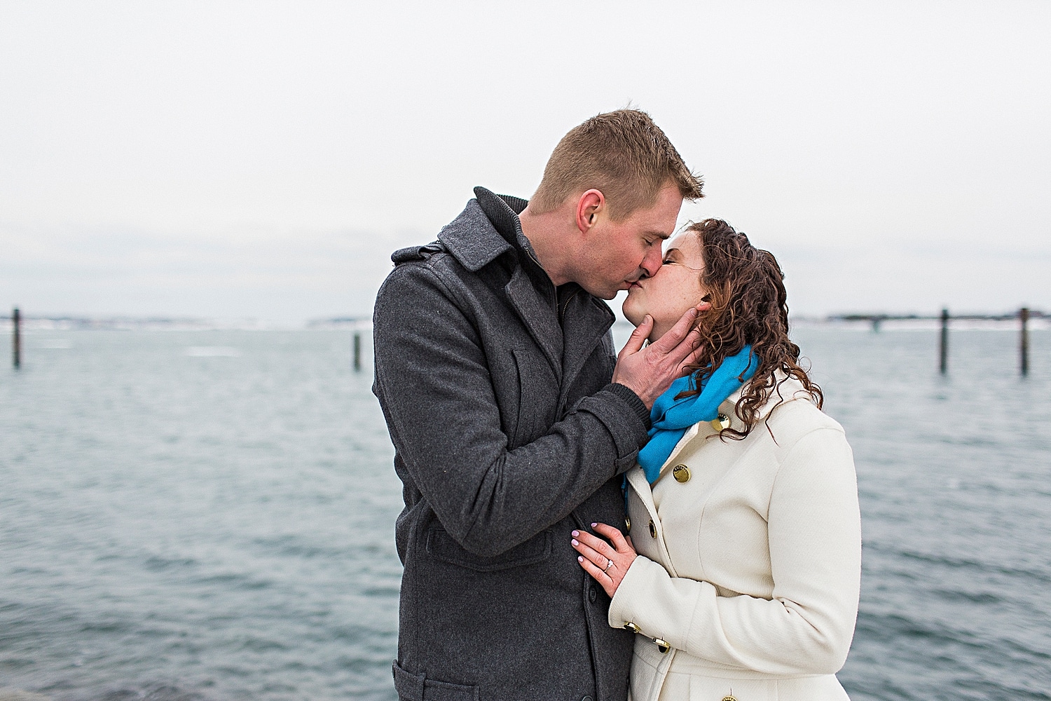couple kissing during Portland Maine engagement photos