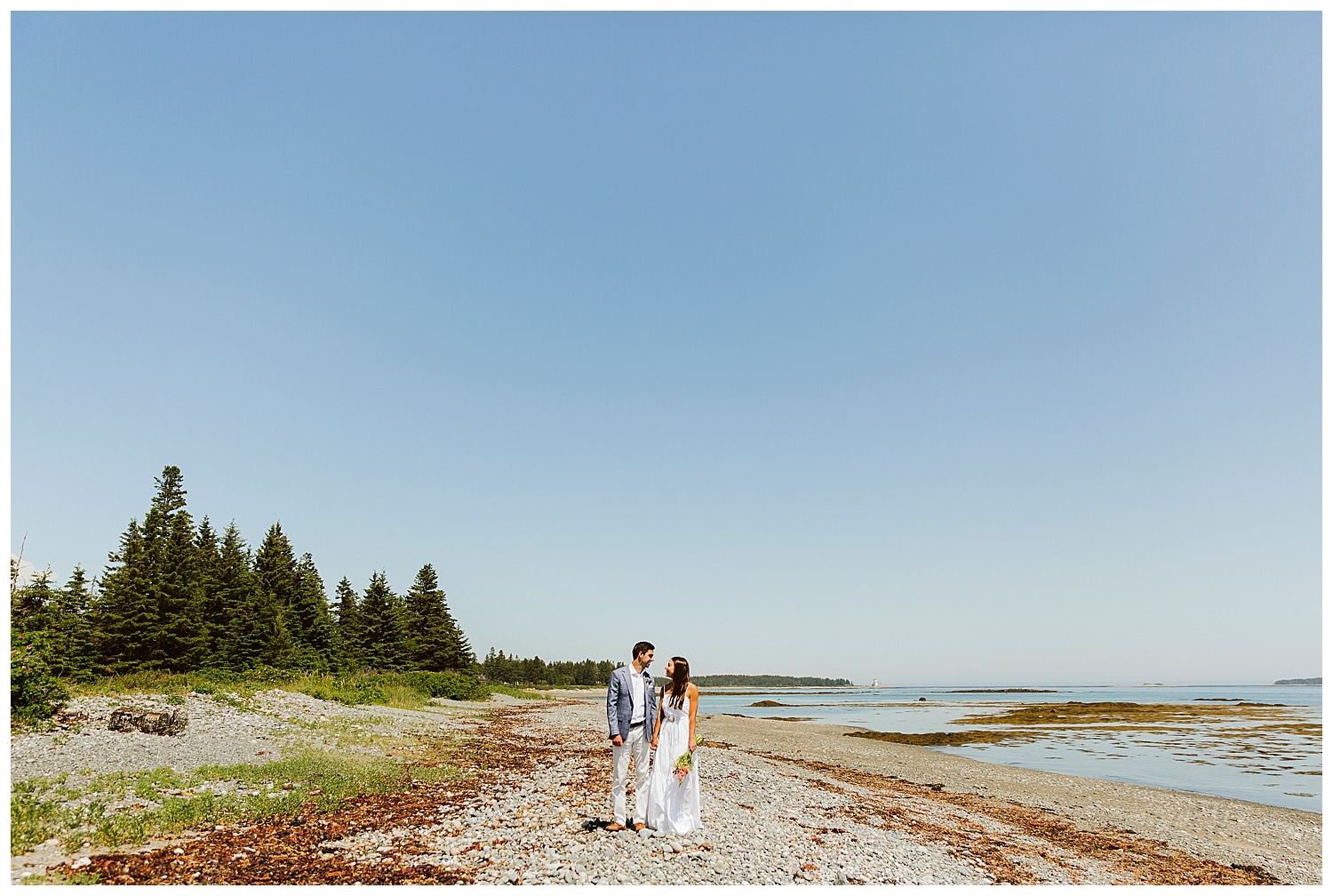 bride and groom on beach during little cranberry island maine wedding