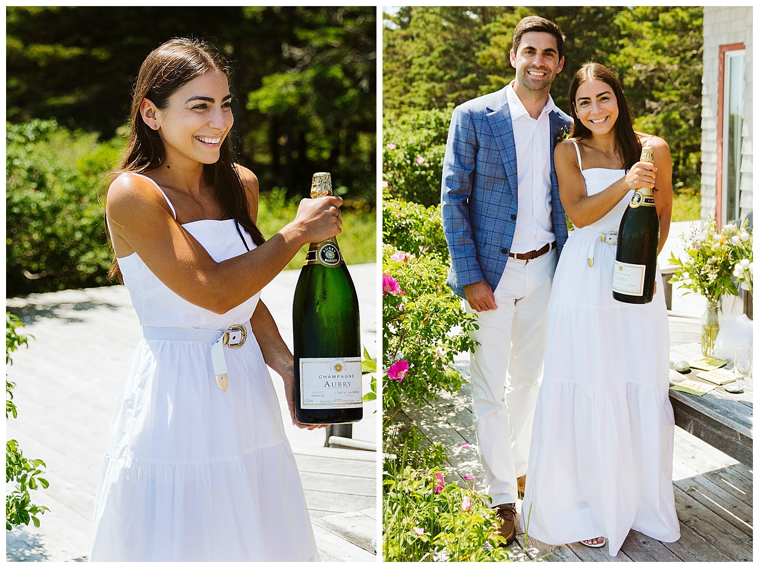 bride and groom with a large bottle of champagne at little cranberry island maine wedding