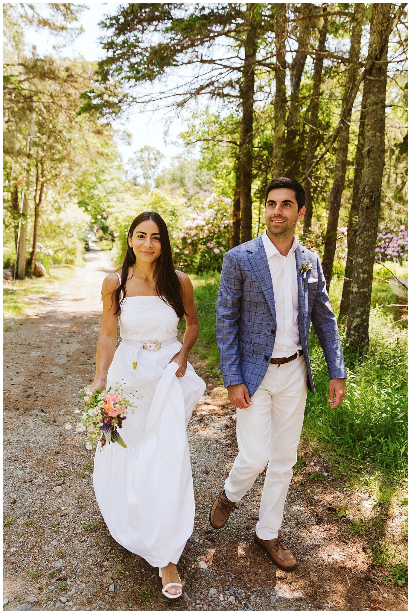 bride and groom walking on Isleford