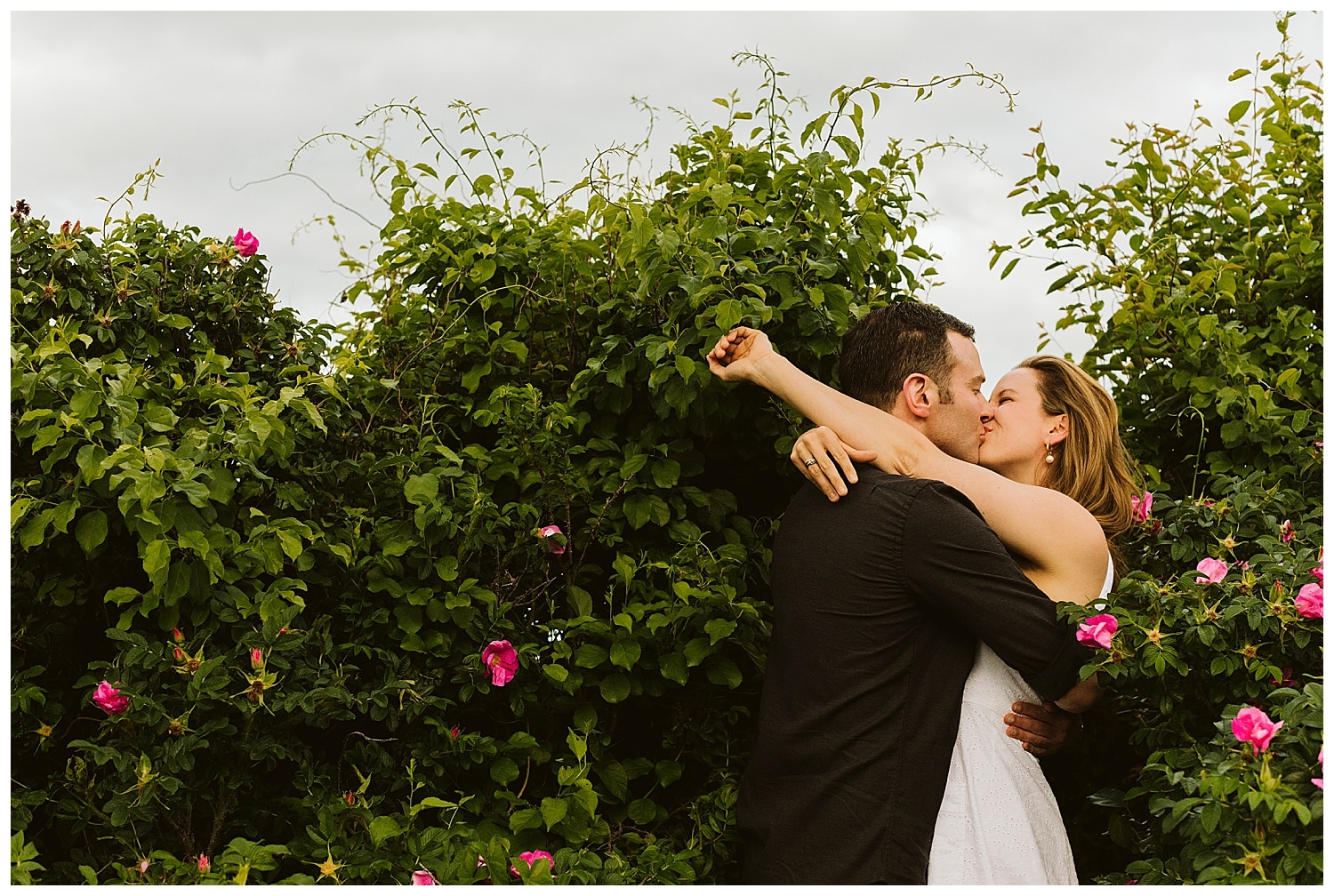 couple kissing by beach roses during Ogunquit Maine engagement photos
