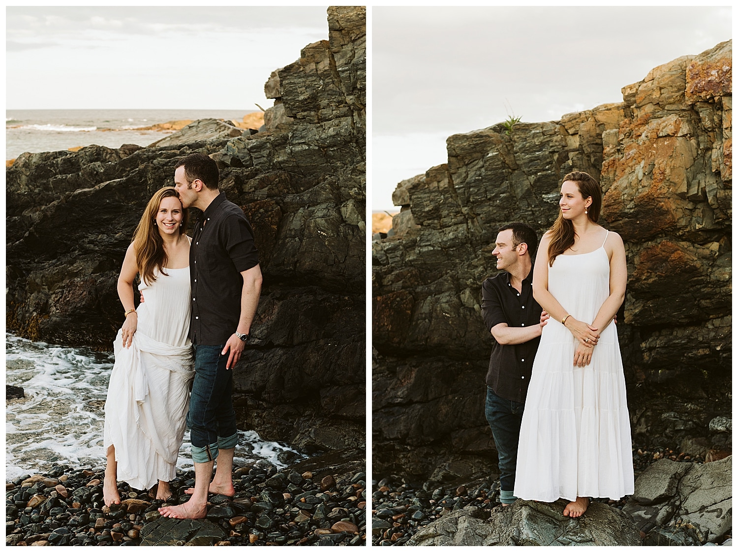 engaged couple on rocky beach in Ogunquit Maine