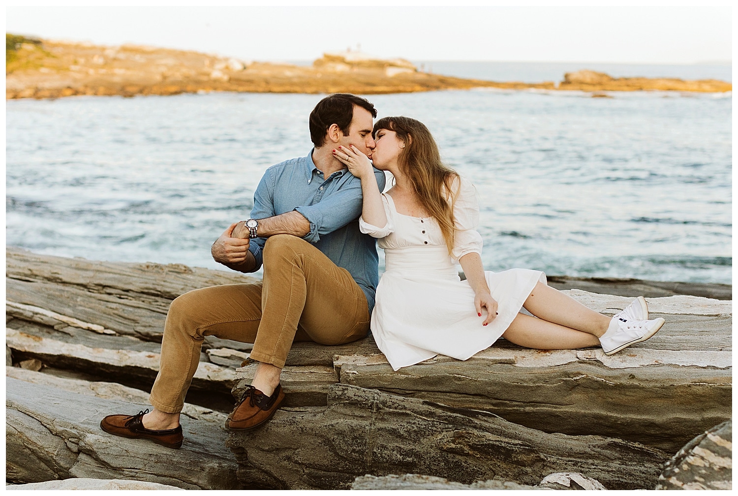 couple kissing during Engagement photos in Bristol Maine