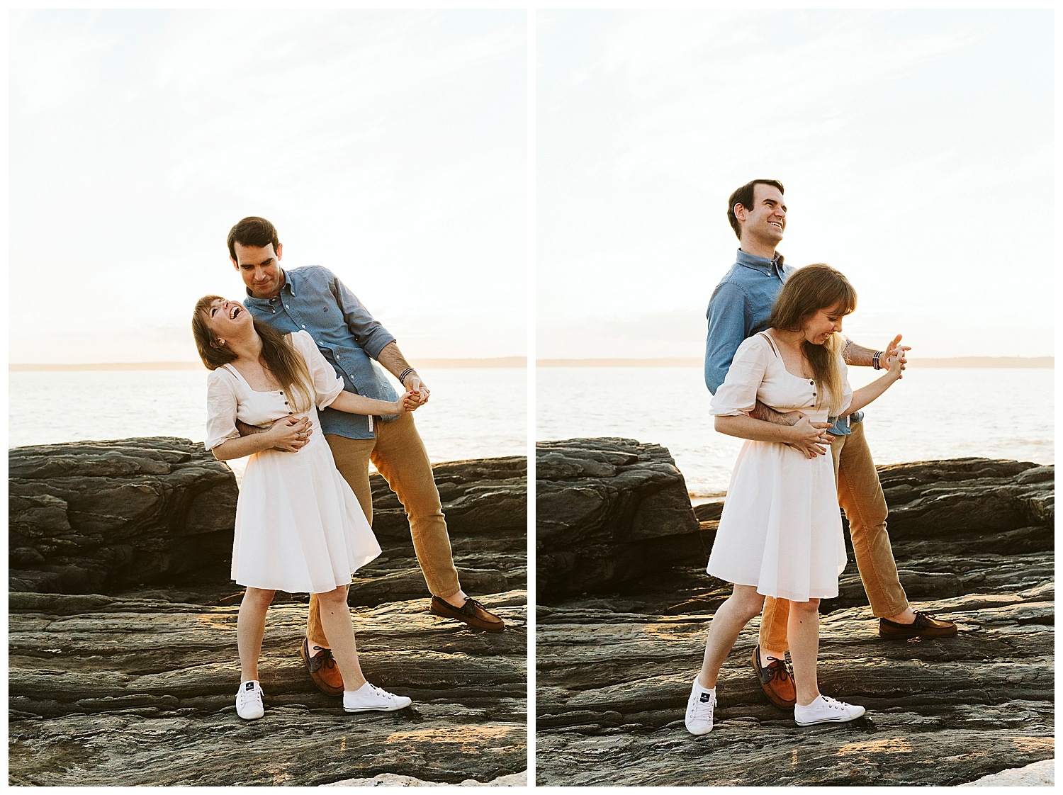couple laughing during Engagement photos in Bristol Maine