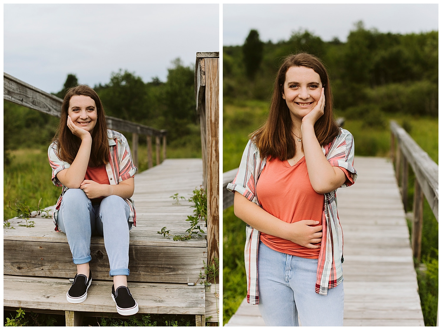 teenage girl sitting on wooden bridge at senior portraits at Fields Pond Audubon