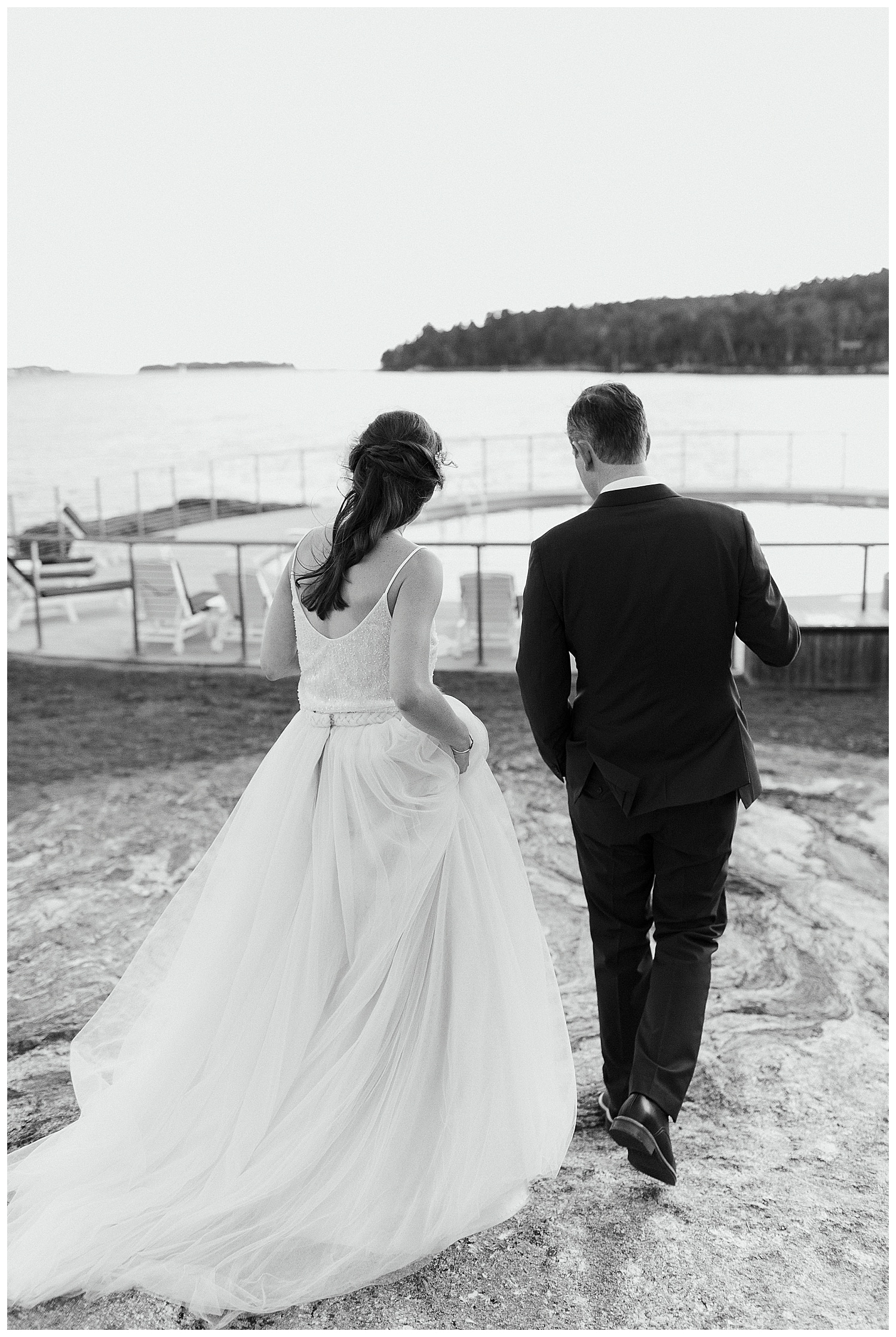 black and white photo of bride and groom at Boothbay Harbor, Maine wedding at Linekin Bay Resort