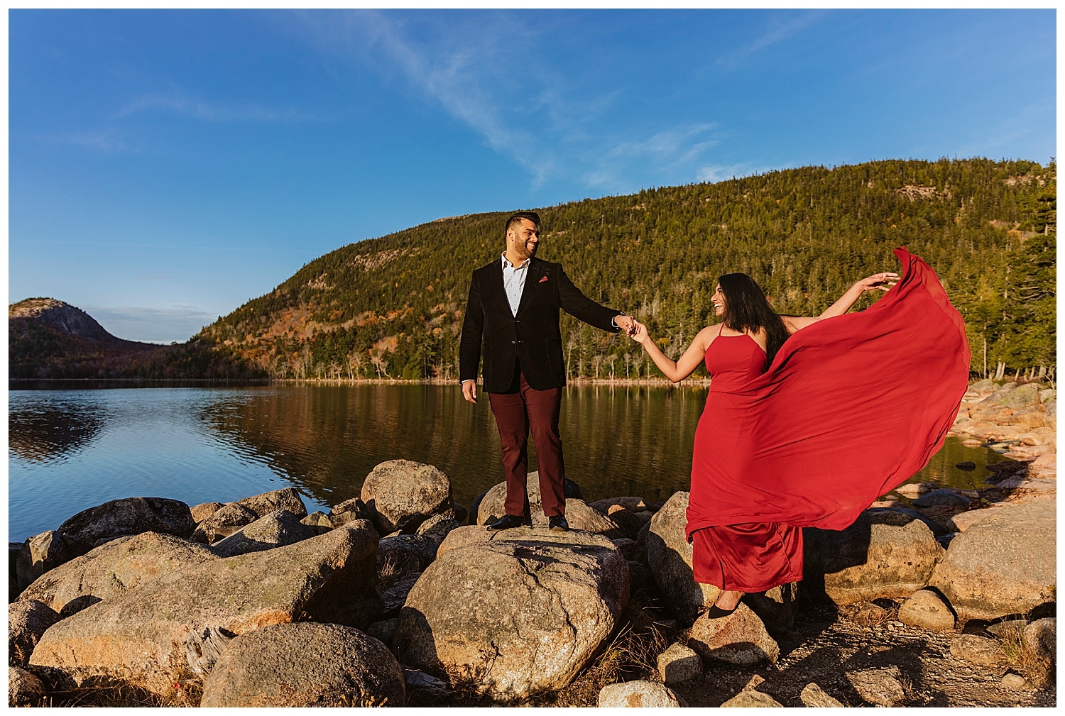 Maine engagement photos at Jordan Pond in Acadia National Park