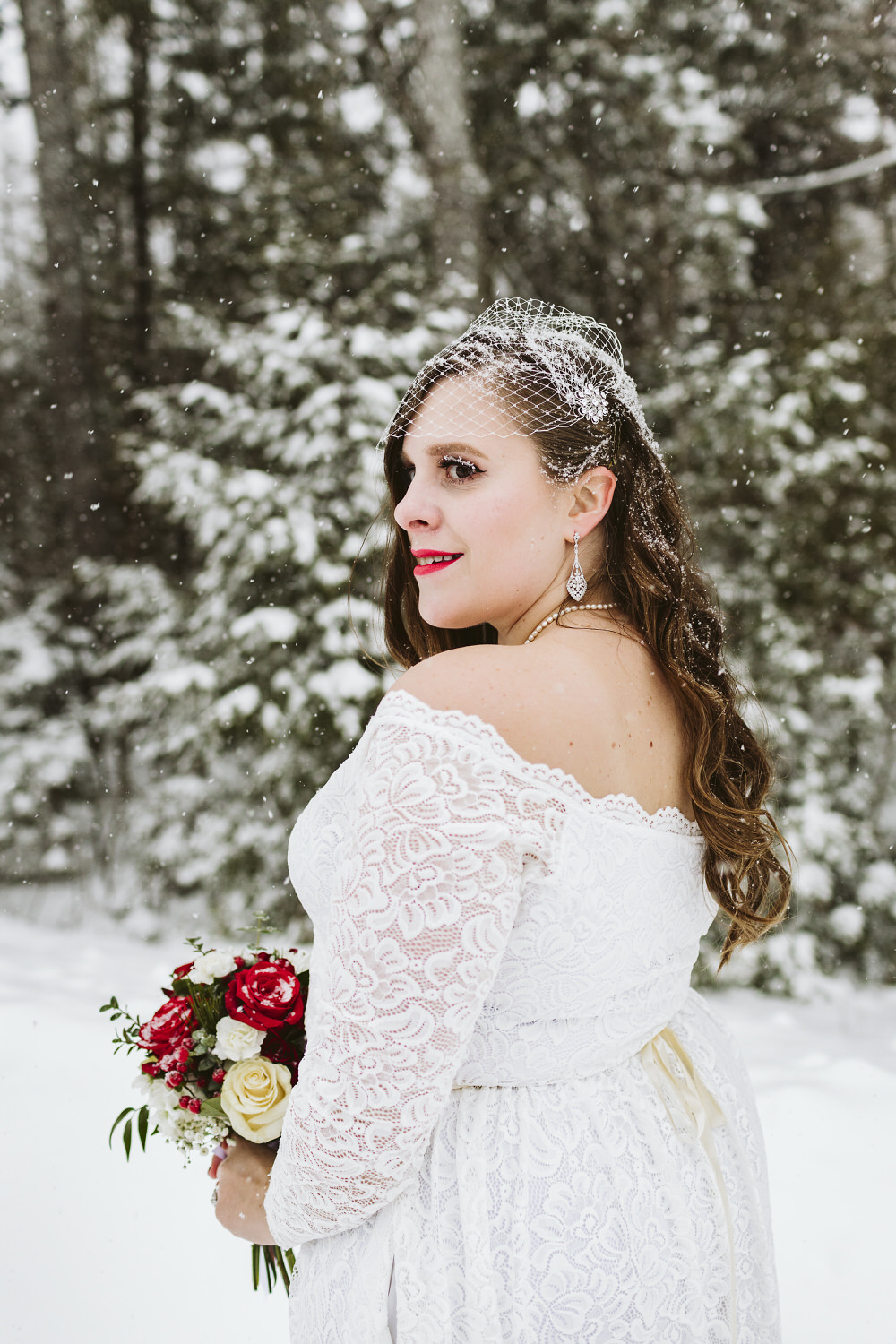 bridal portrait at winter wedding in Millinocket Maine