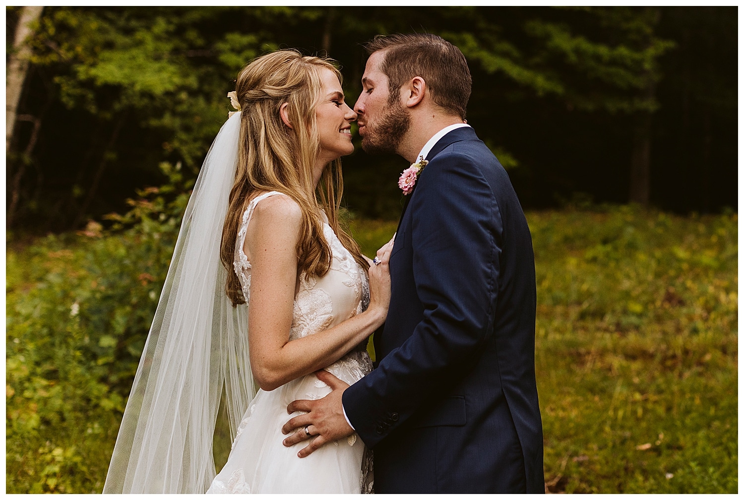 groom kisses bride's nose at Eaton, NH wedding