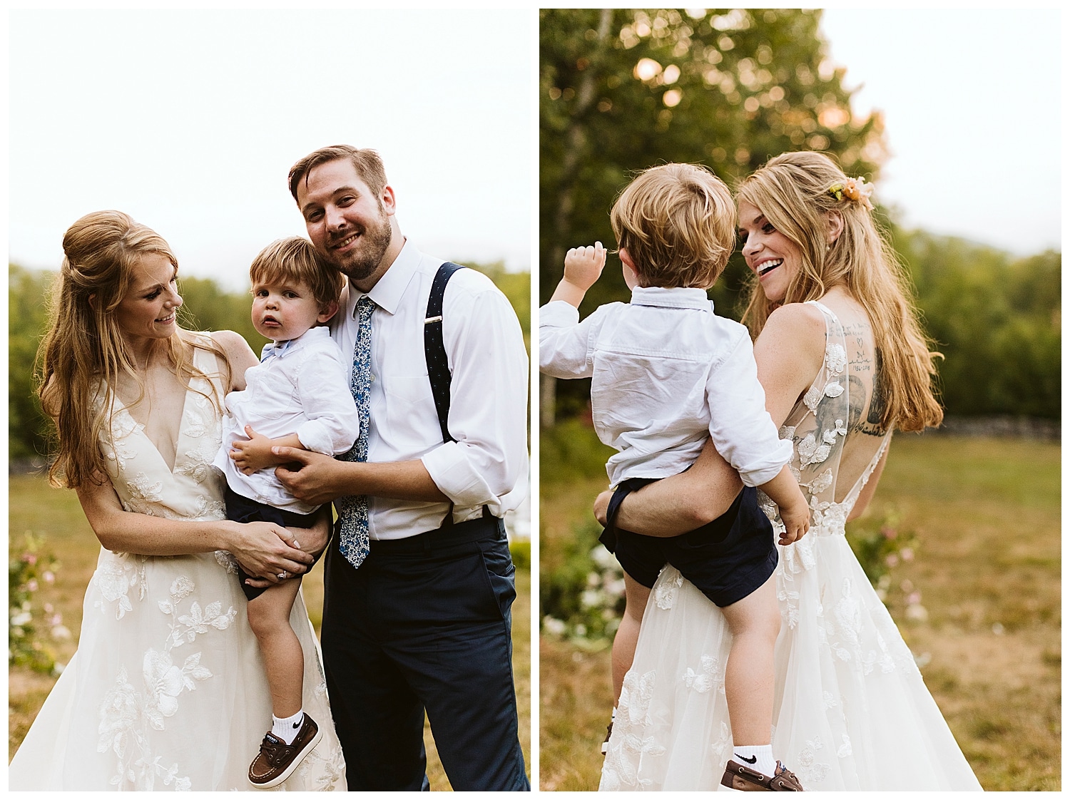 bride and groom holding their son at Eaton, NH wedding