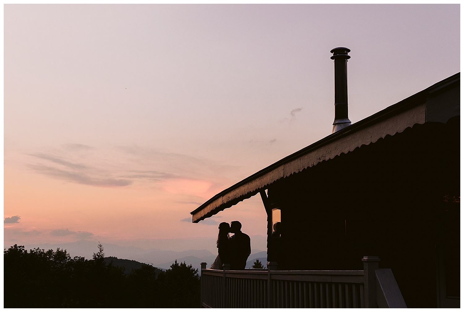 silhouette of bride and groom during sunset at Eaton, NH wedding