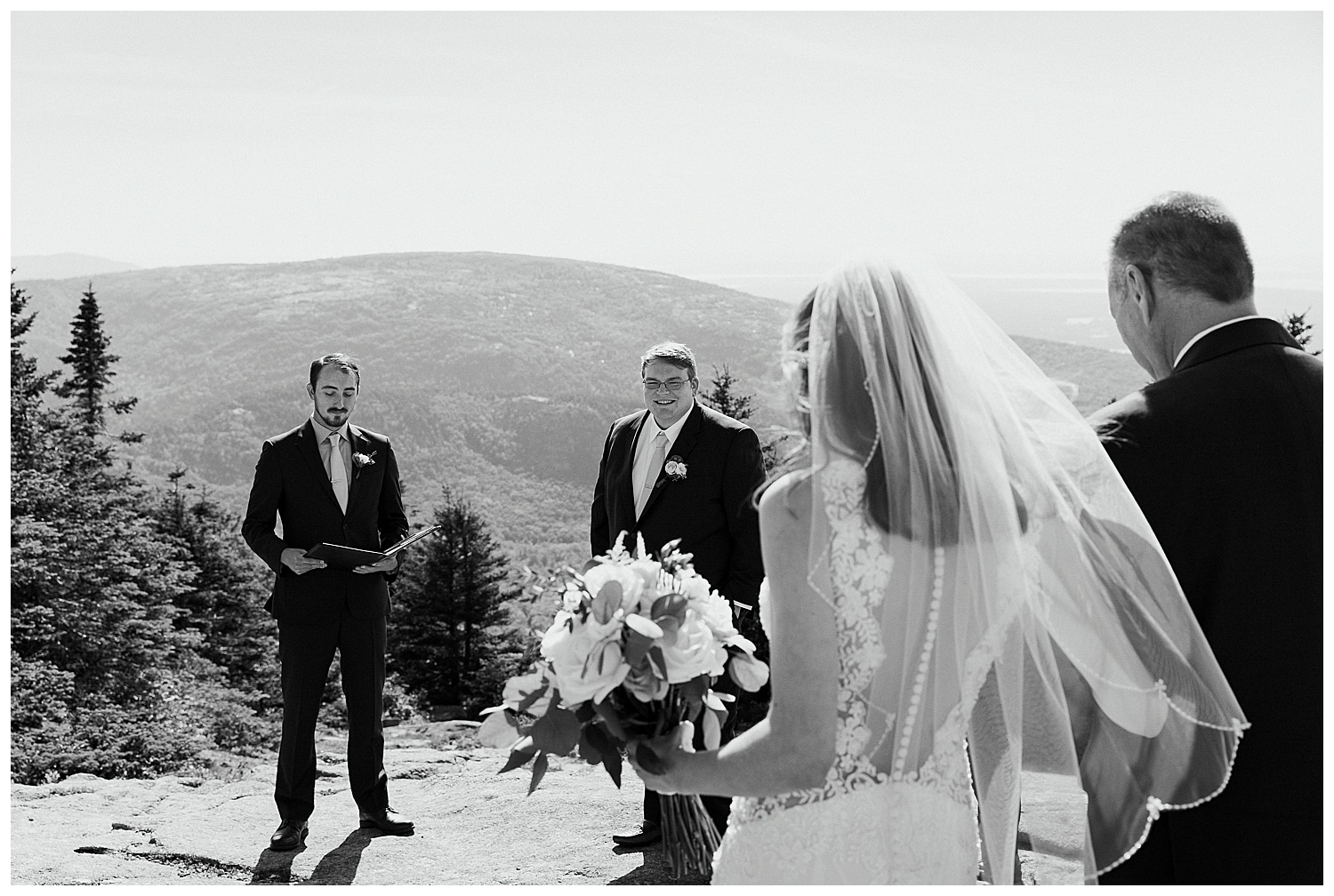 groom's reaction to the bride walking down the aisle at elopement in Acadia National Park