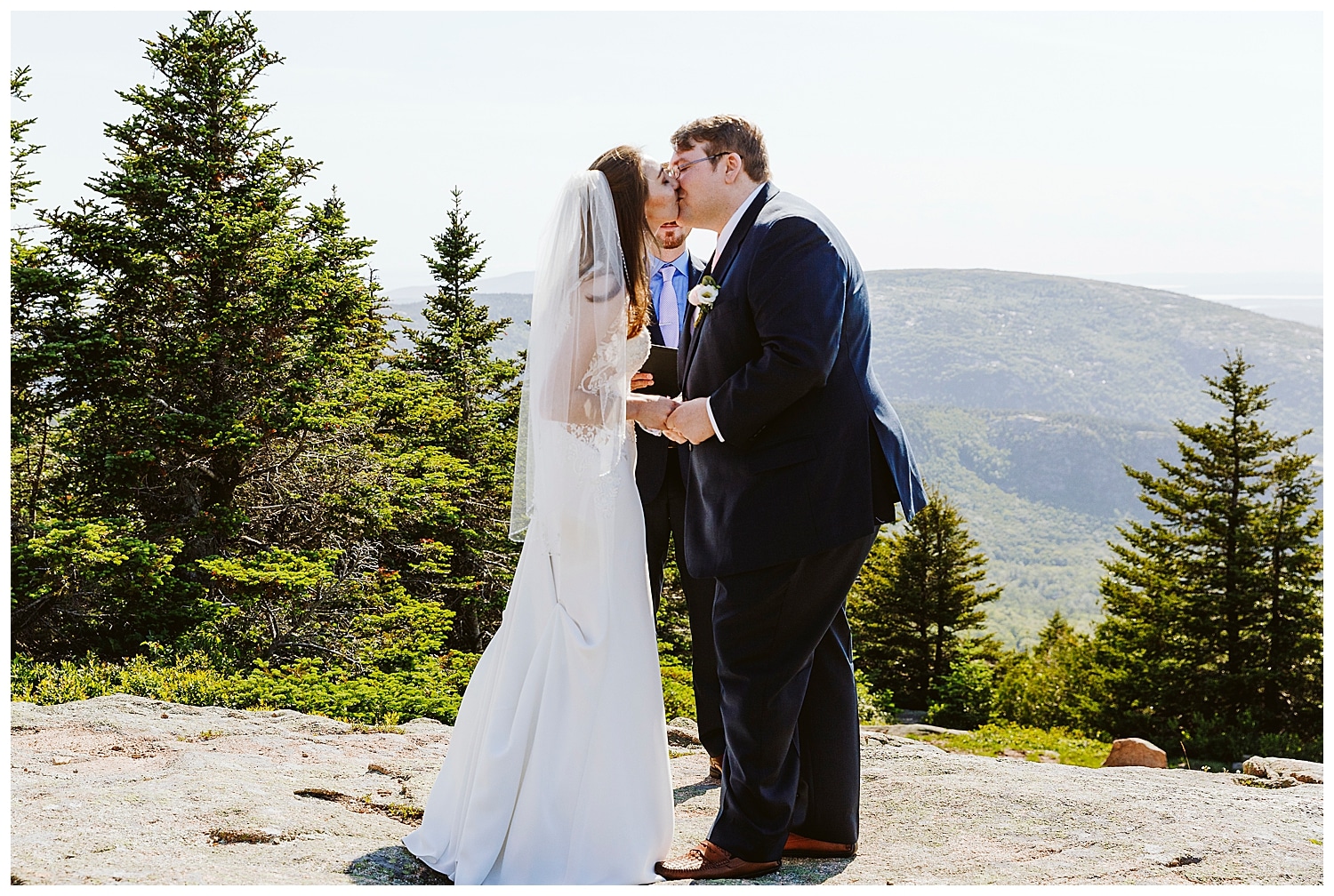 first kiss at Blue Hill Overlook during Acadia National Park elopement
