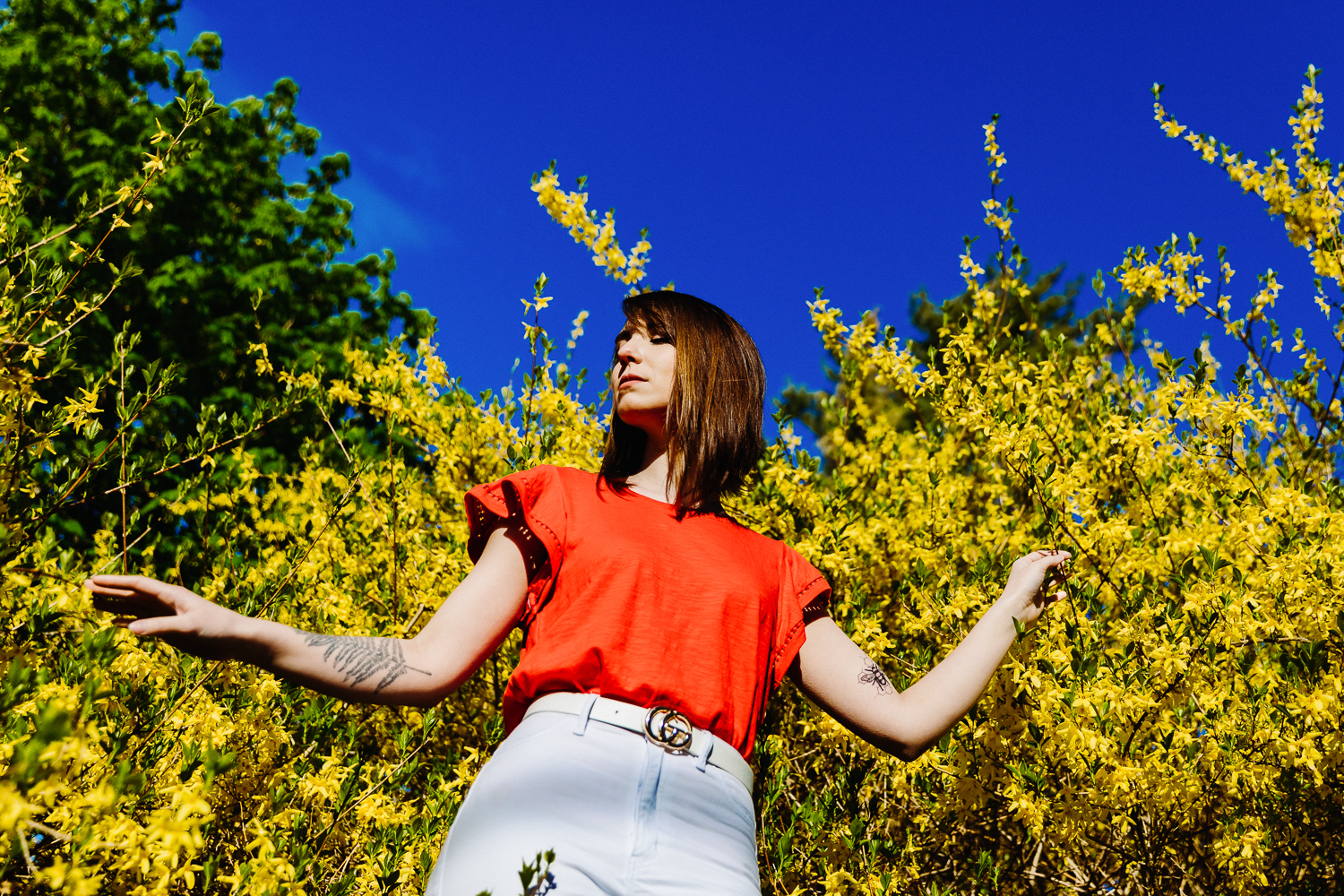 woman standing in front of forsythia with a bright blue sky overhead