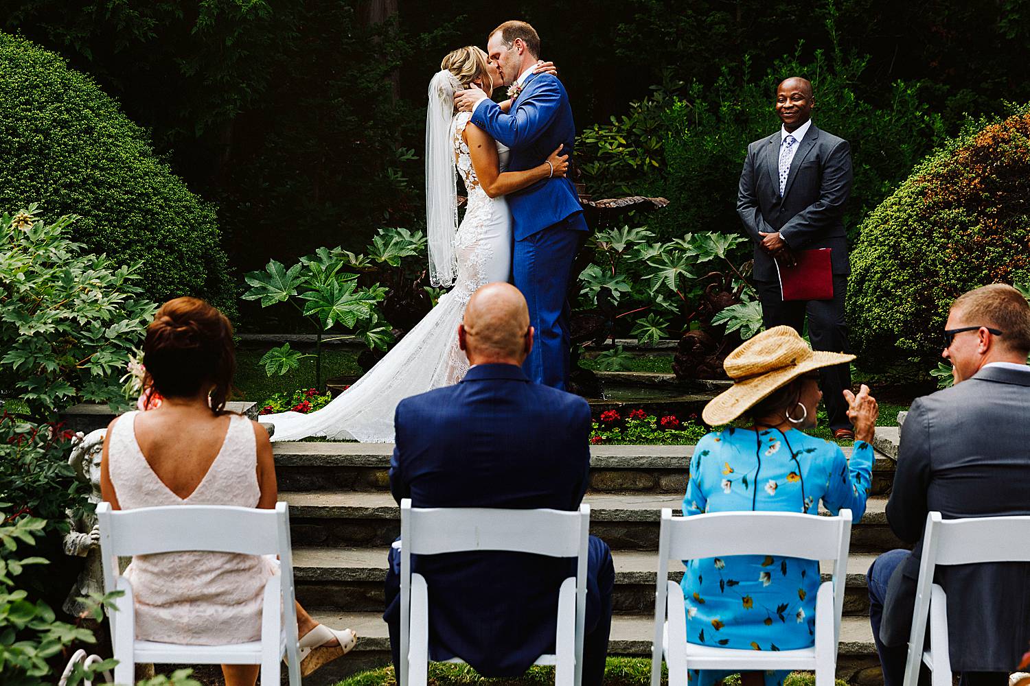 First kiss at North Hampton, NH wedding at fuller gardens