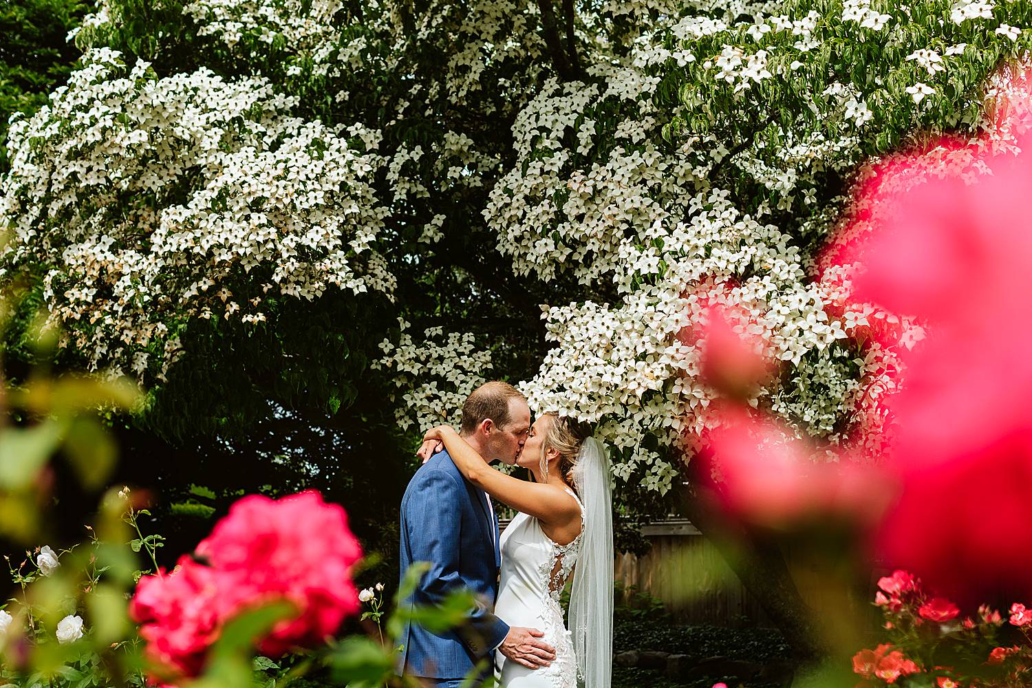 Bride and groom kissing surrounded by flowers at Fuller Gardens wedding in NH