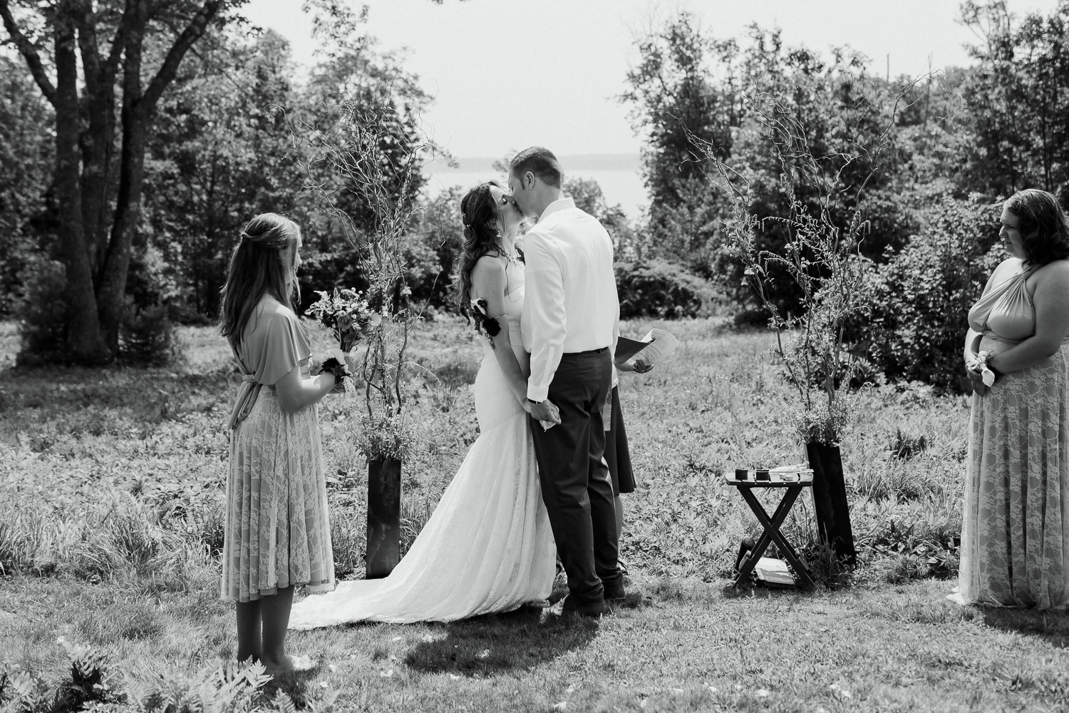 first kiss at Northport, Maine wedding
