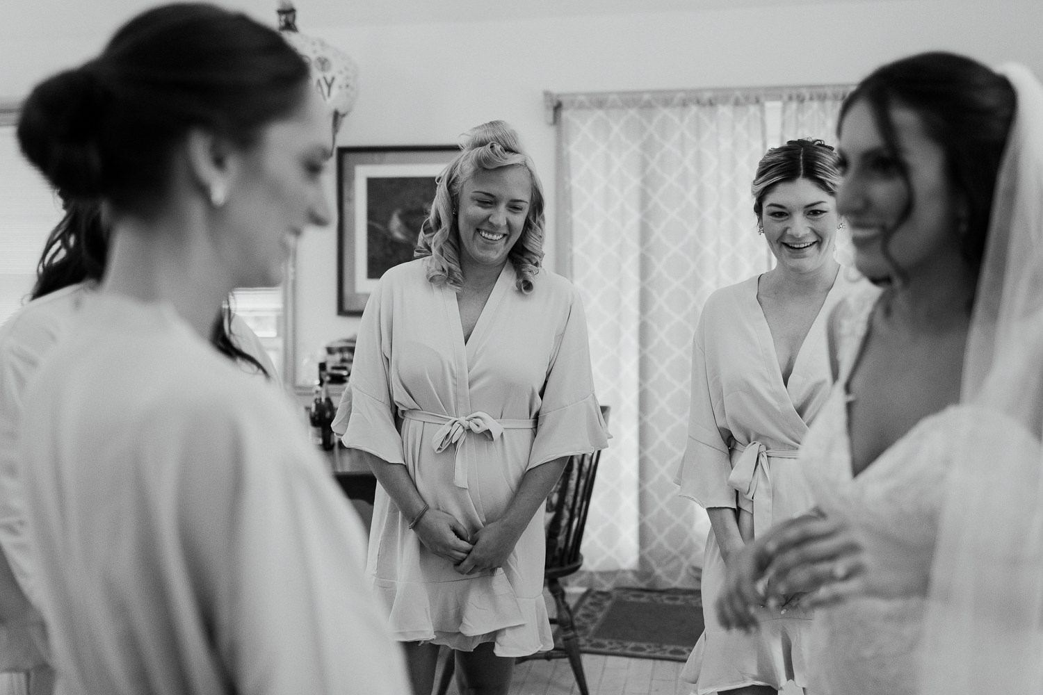 bridesmaids reacting to bridt at Arlington, Vermont wedding