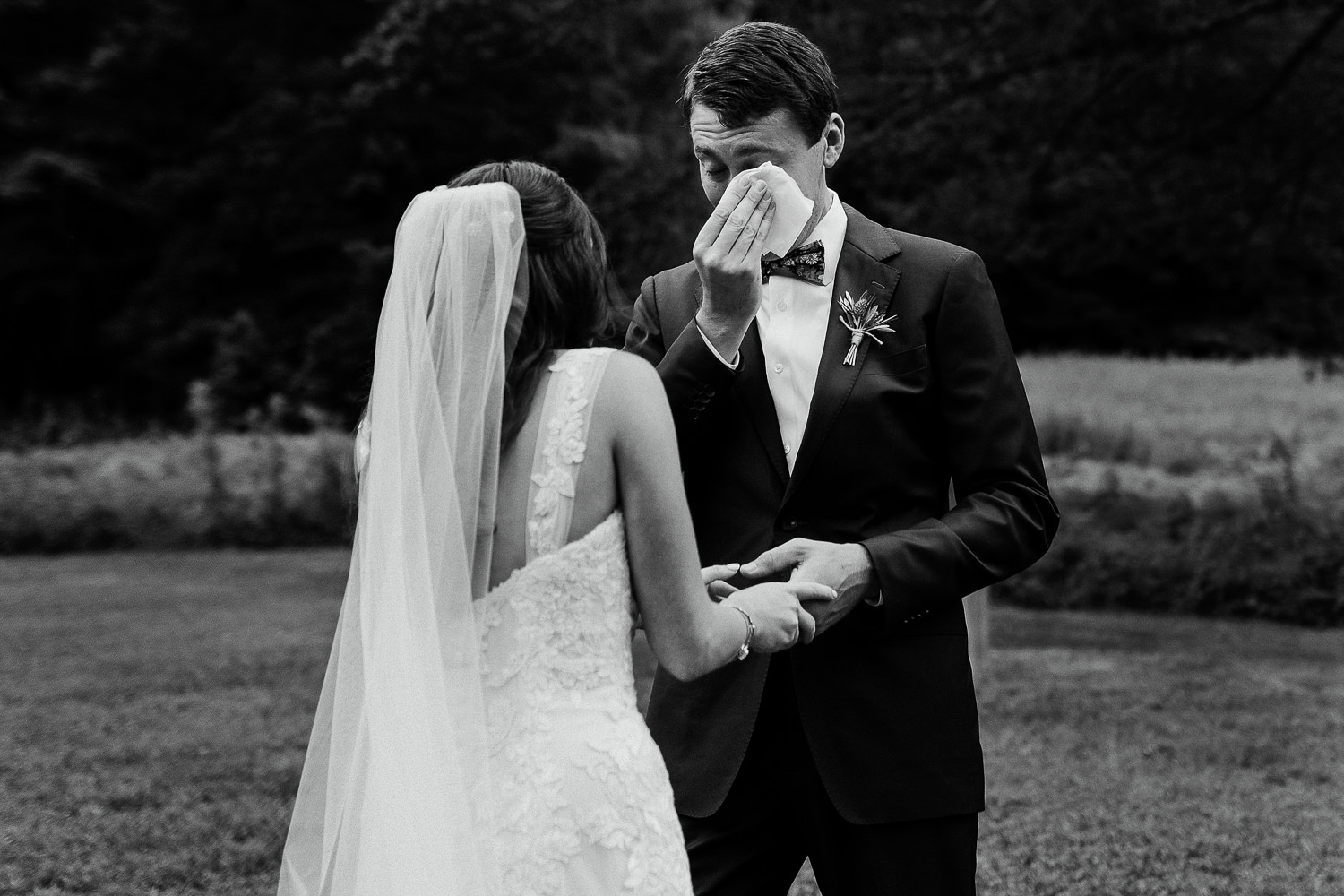 groom crying during first look at Arlington, Vermont wedding