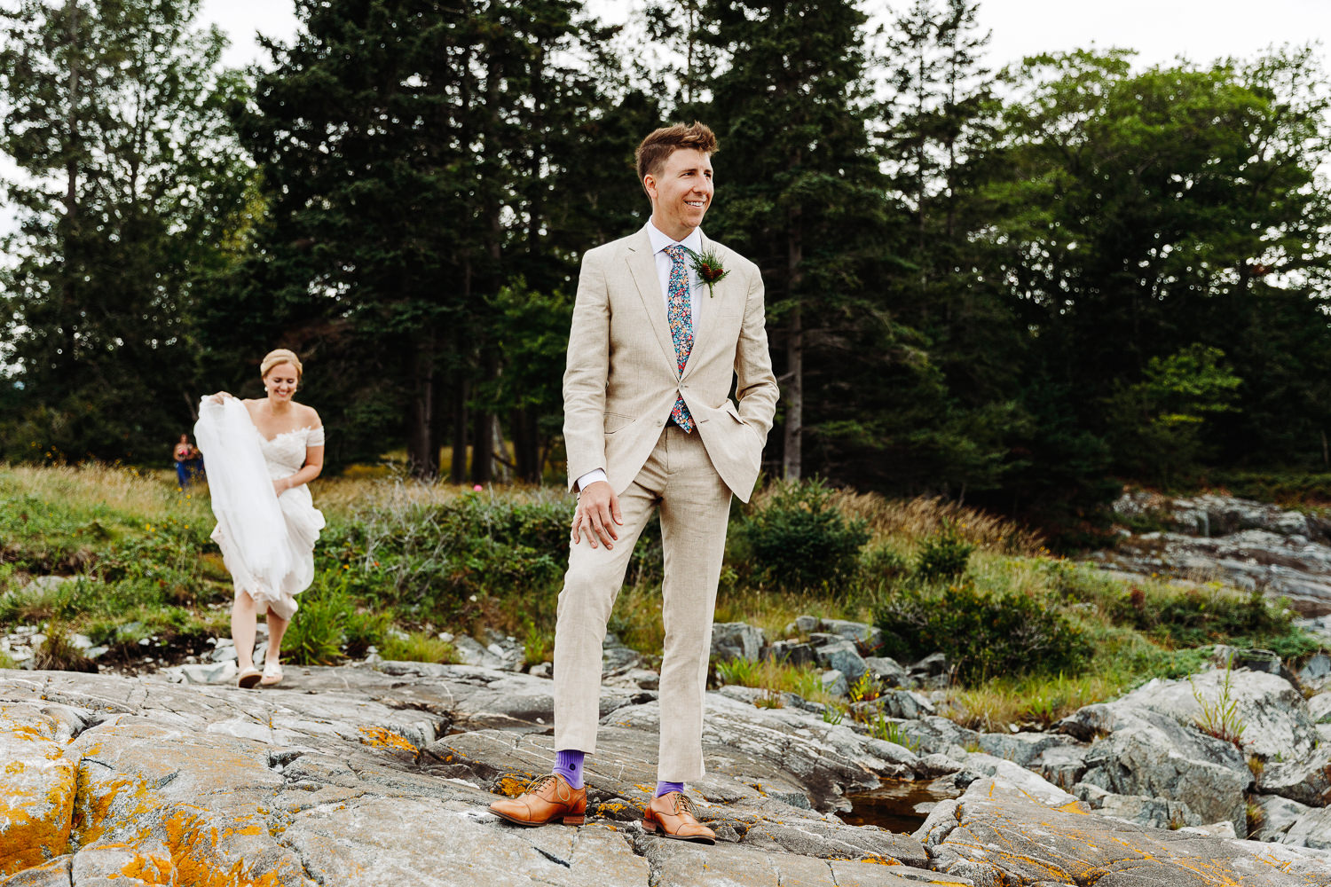 first look at August wedding in Bar Harbor