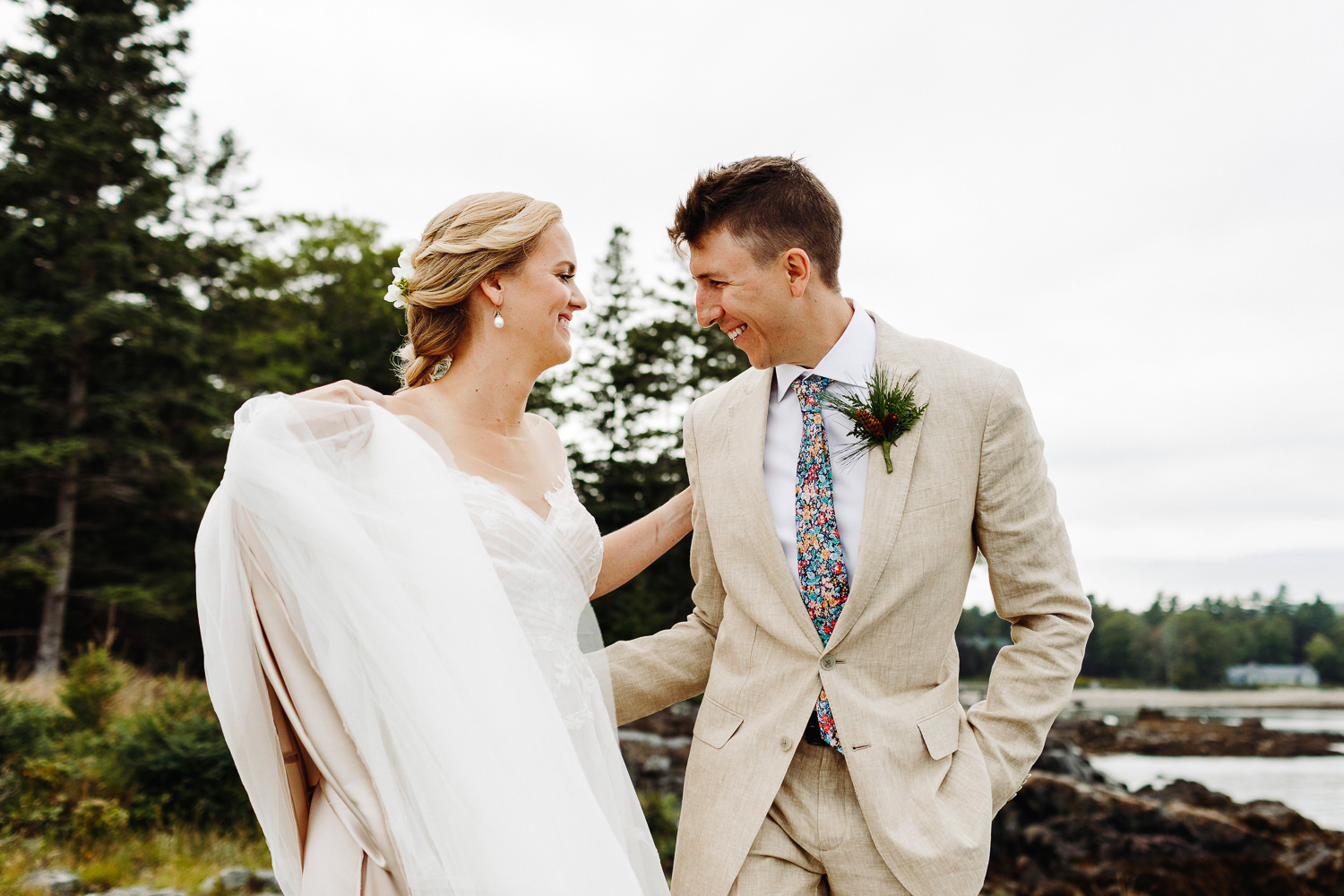 first look with bride and groom at August wedding in Bar Harbor
