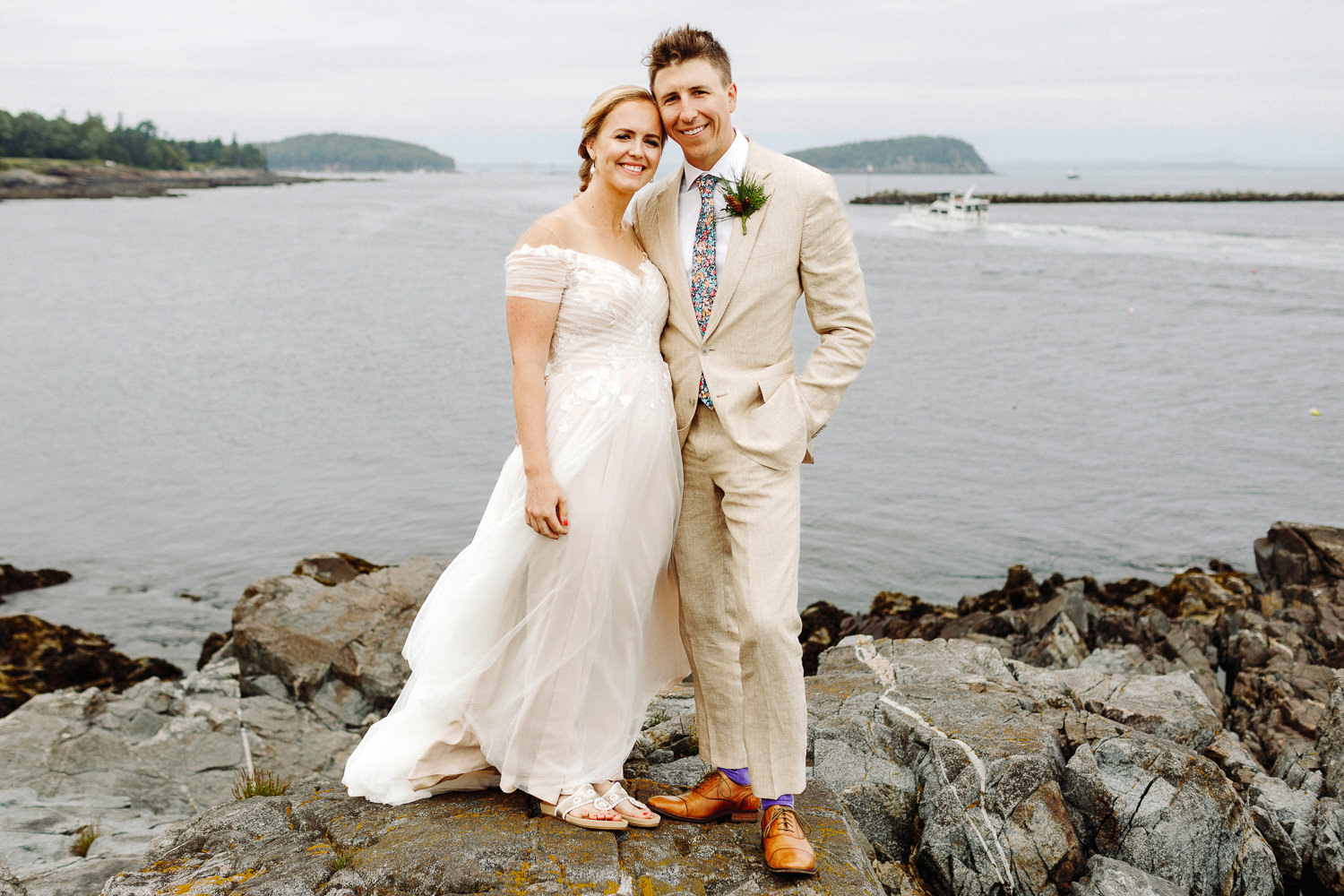 bride and groom smiling together in Bar Harbor