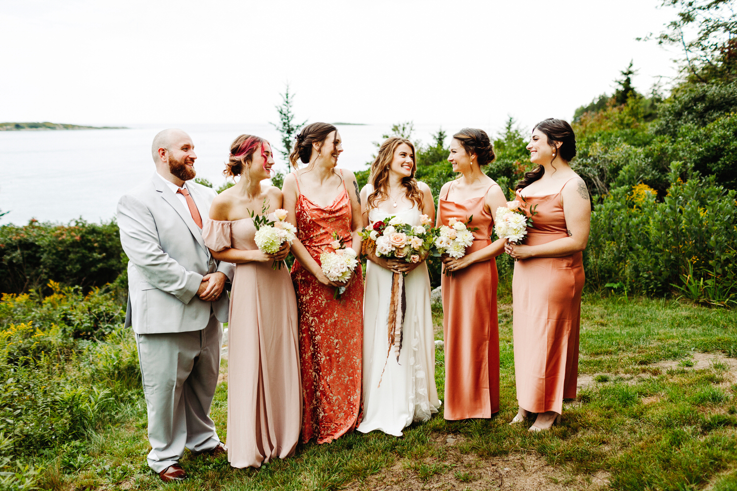 Bridal party by ocean at Orr's Island Maine Wedding