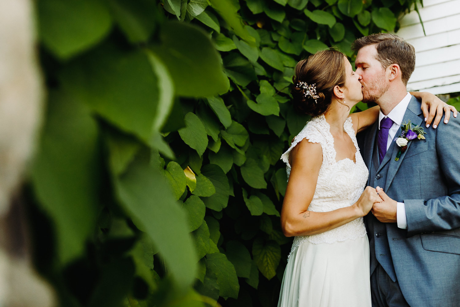 portrait of bride and groom kissing at Bar Harbor wedding