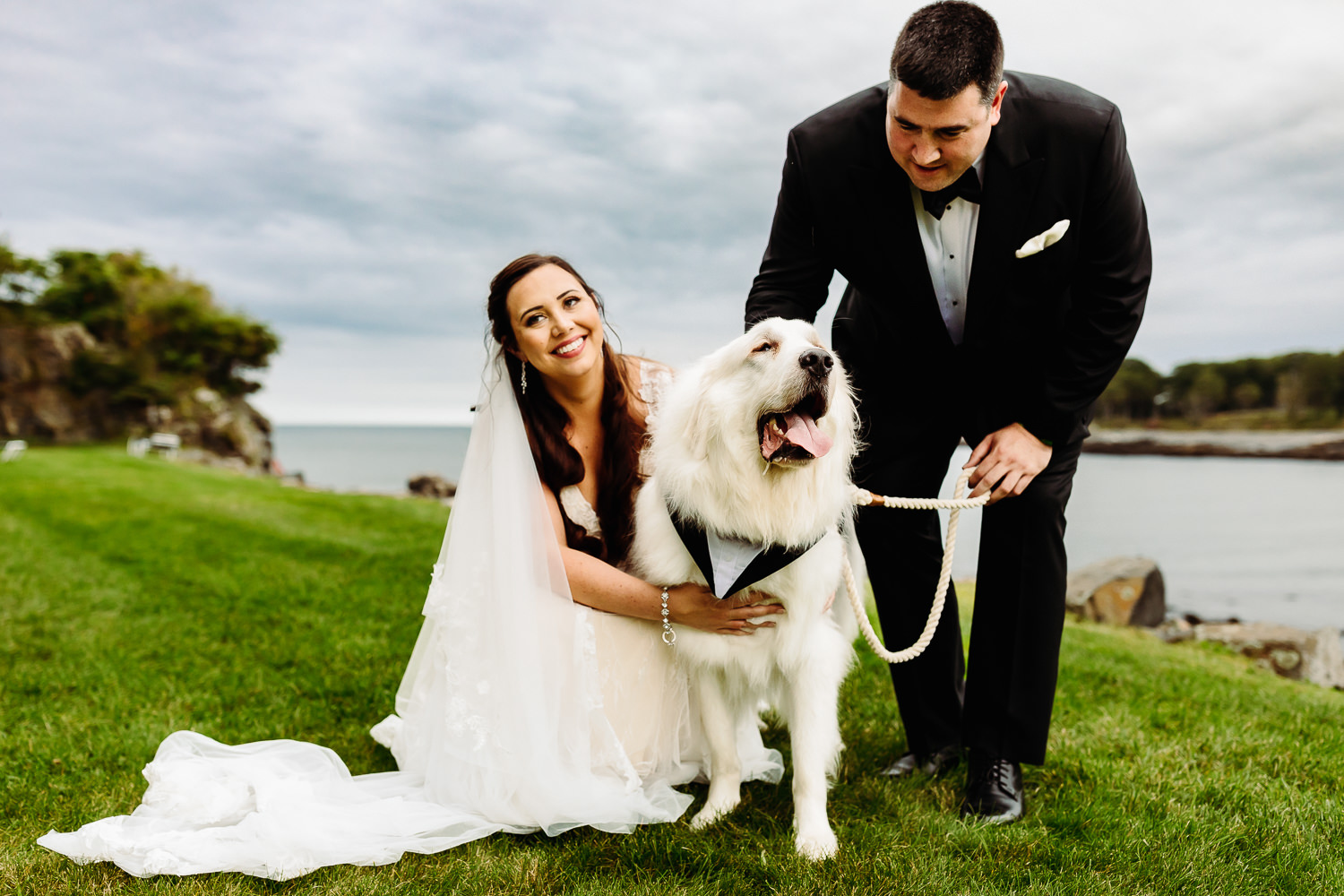 bride and groom with their dog at Stage Neck Inn wedding in York Maine