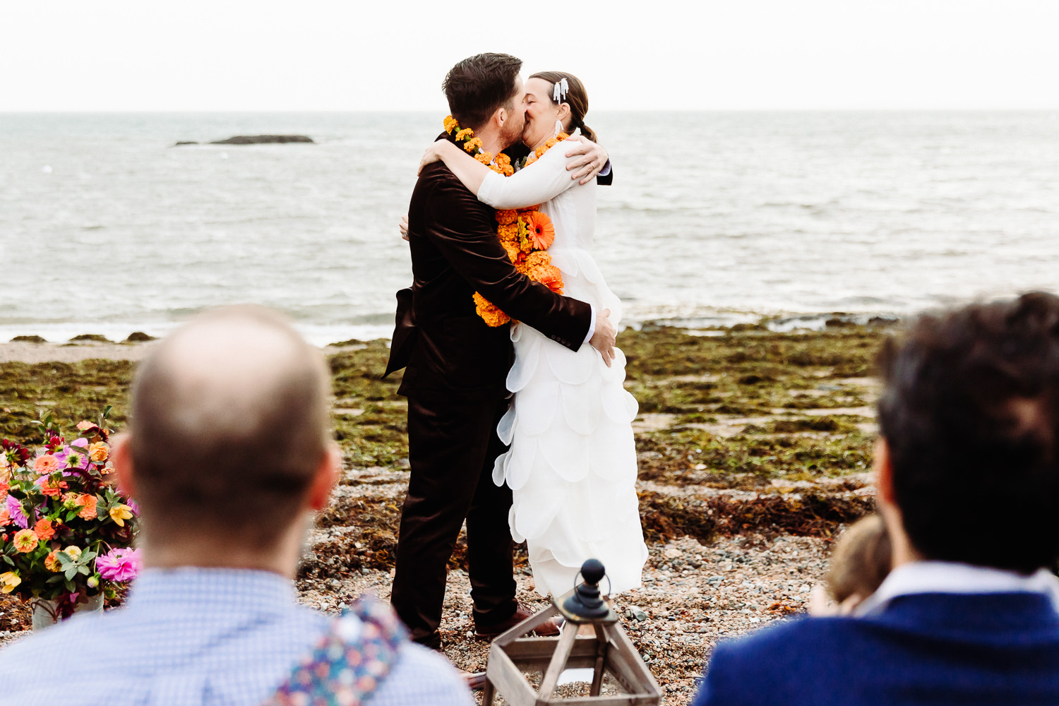 first kiss at Aragosta Deer Isle wedding
