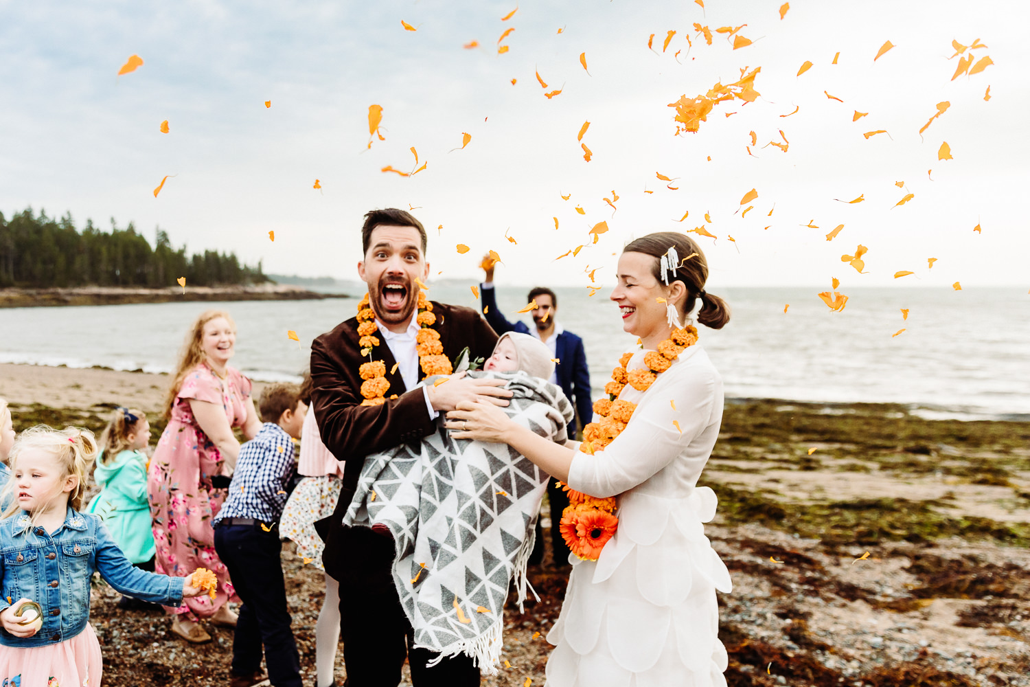 confetti toss at Deer Isle Maine wedding at Aragosta
